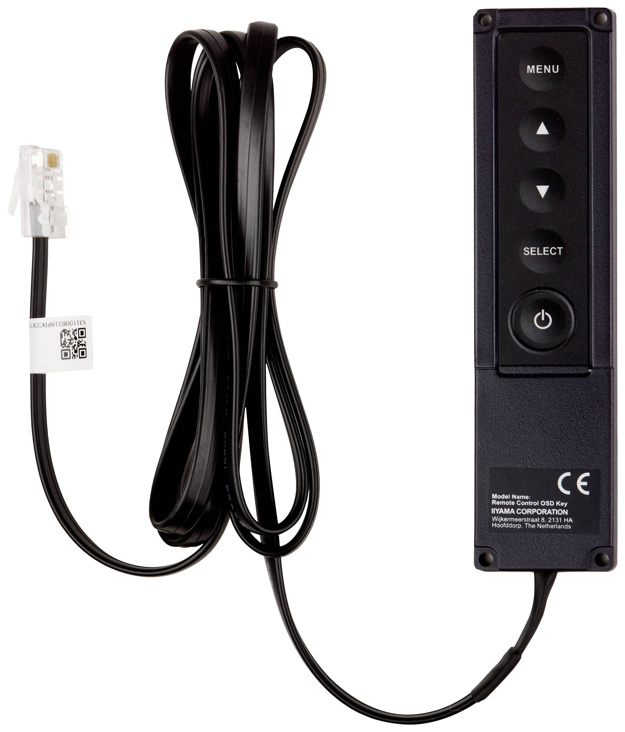 Ein schwarzer elektronischer Steuerungsregler mit mehreren Tasten und einem Kabel. Haupttasten: 'MENU', 'SELECT', 'AN/AUS'.