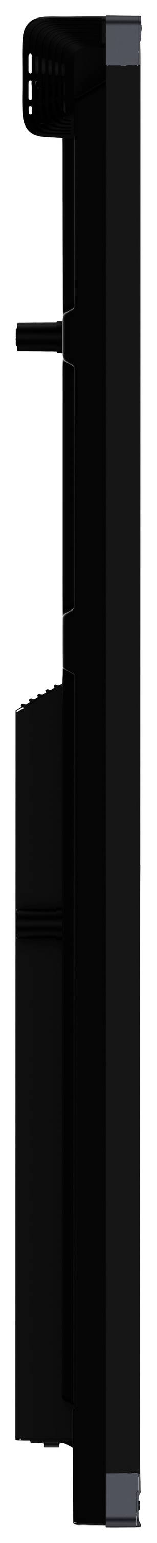 Ein schwarzes, vertikales Objekt mit hervorgehobenen Kanten und einer kleinen, horizontalen Stange in der Mitte, aus seitlicher Perspektive.