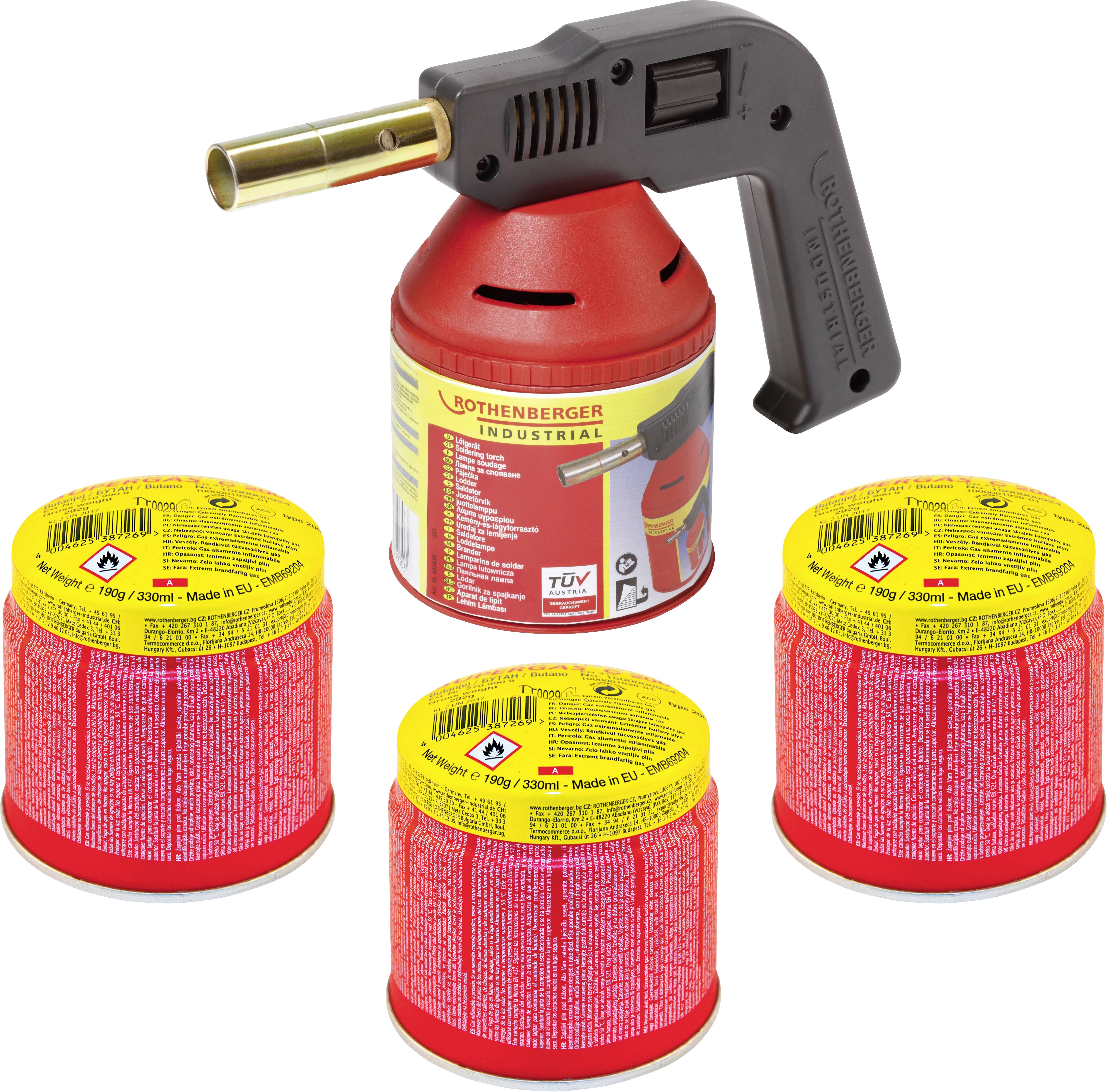 Ein roter, industrieller Gasbrenner mit schwarzem Griff, umgeben von drei roten Gaskartuschen mit gelben Deckeln.