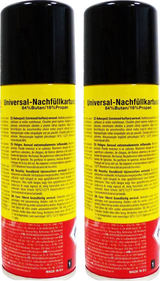 Zwei Spraydosen mit gelbem Etikett und rotem Boden. Aufschrift: 'Universal-Nachfüllkartusche 84% Butan/16% Propan'.