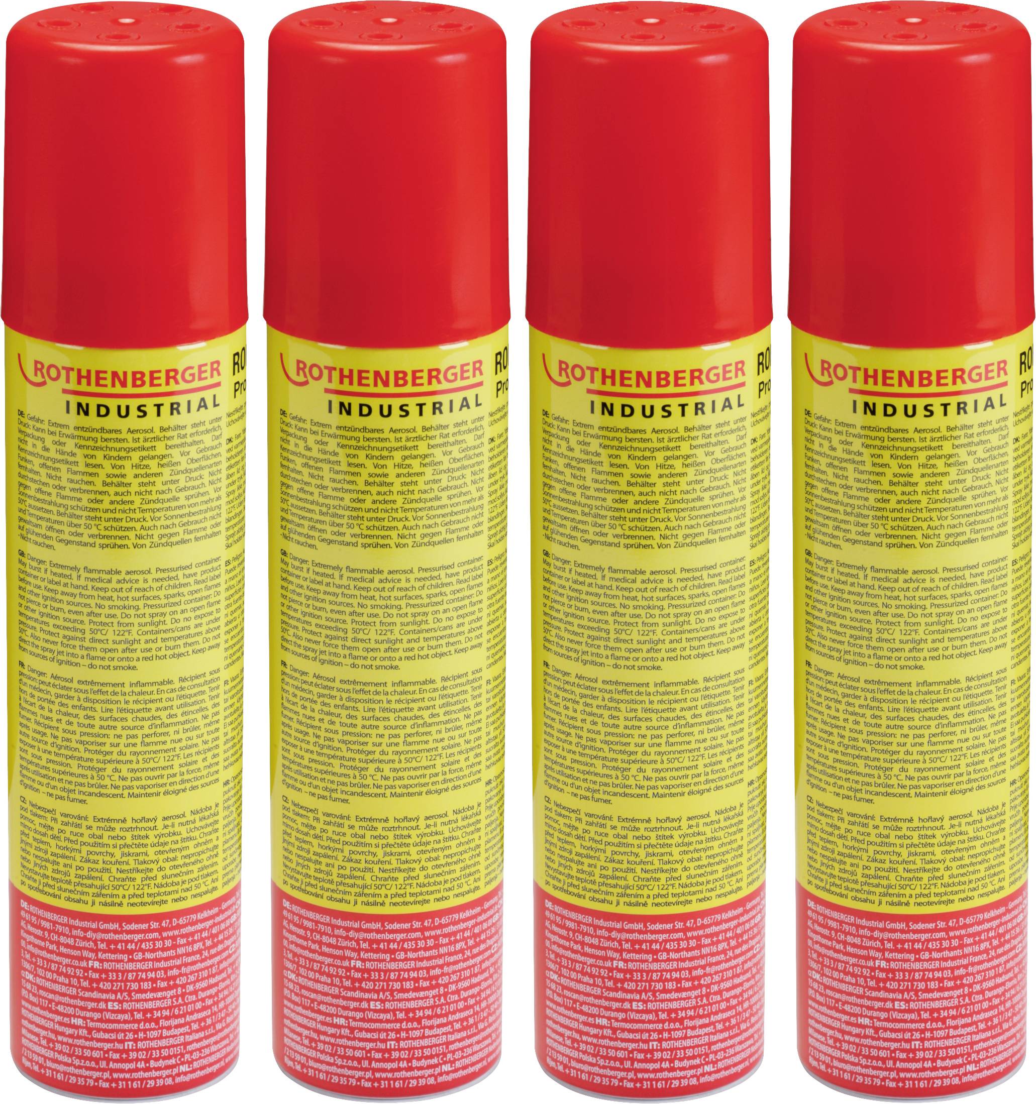 Vier rote Spraydosen mit gelbem Etikett der Marke Rothenberger, als industrielle Produkte gekennzeichnet, stehen nebeneinander.