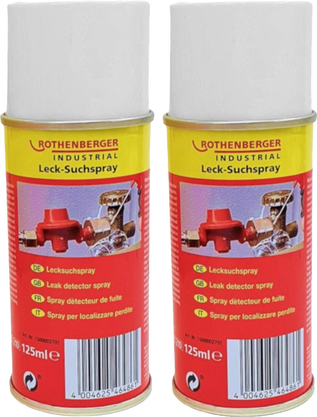 Zwei Dosen Leck-Suchspray von Rothenberger Industrial mit rotem Ventil auf gelbem Etikett, mehrsprachig beschriftet für Lecksuche.