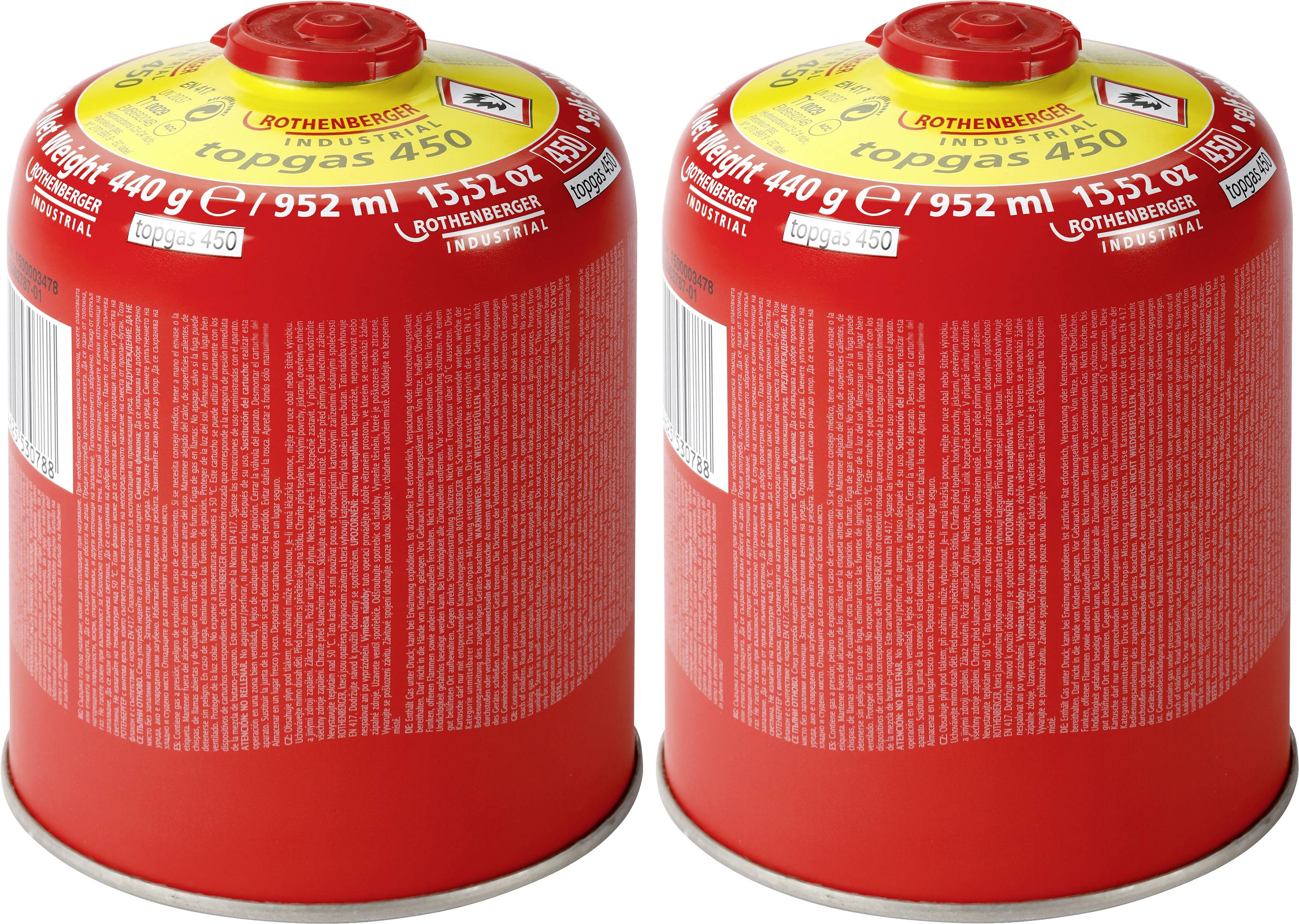 Zwei rote Gaskartuschen mit der Aufschrift 'topgas 450'. Jede Kartusche hat ein gelbes Ventil. Geeignet für Löten und Camping.