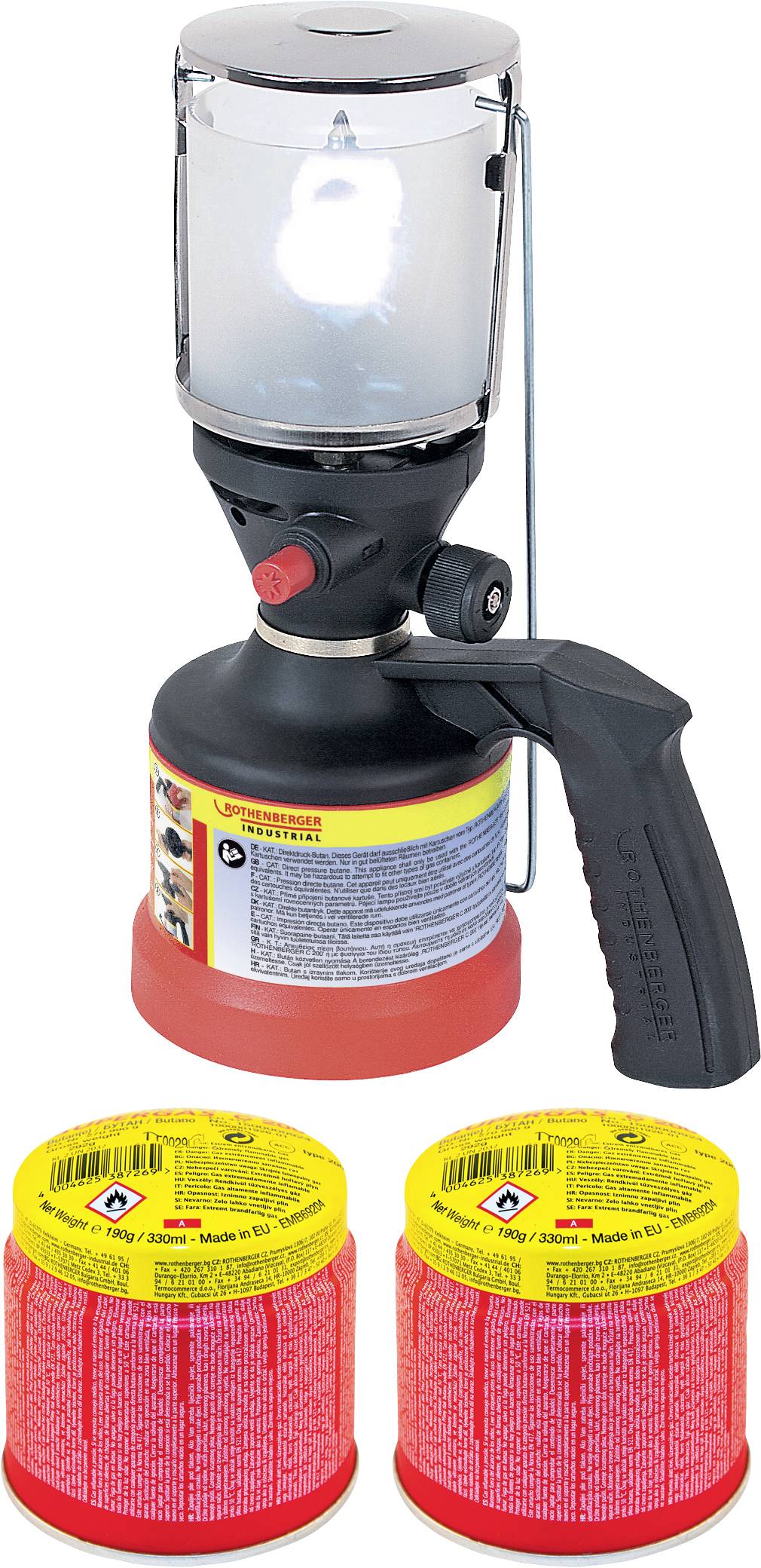 Tragbare Gaslampe mit Griff, Metallkäfig um die Glühbirne, zwei rote Gasbehälter als Ersatz unten.