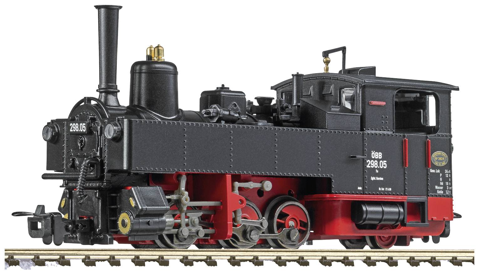 Eine schwarze Dampflokomotive im Modellmaßstab mit roten Akzenten steht auf Gleisen. Sie zeigt feine Details und historische Merkmale.