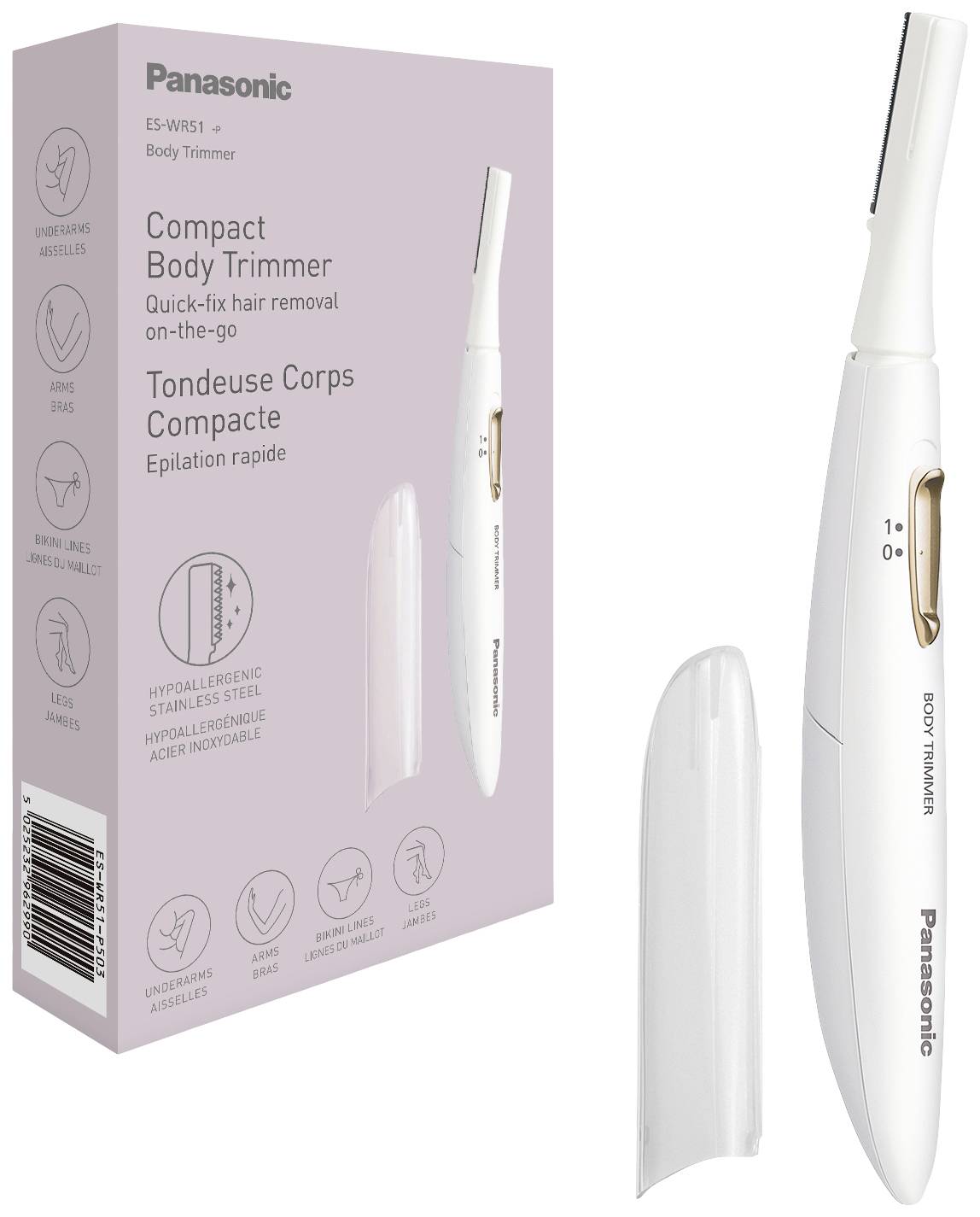 Kompaktkörper-Trimmer von Panasonic, weißer Handapparat und Verpackung, geeignet für schnelle Haarentfernung unterwegs.
