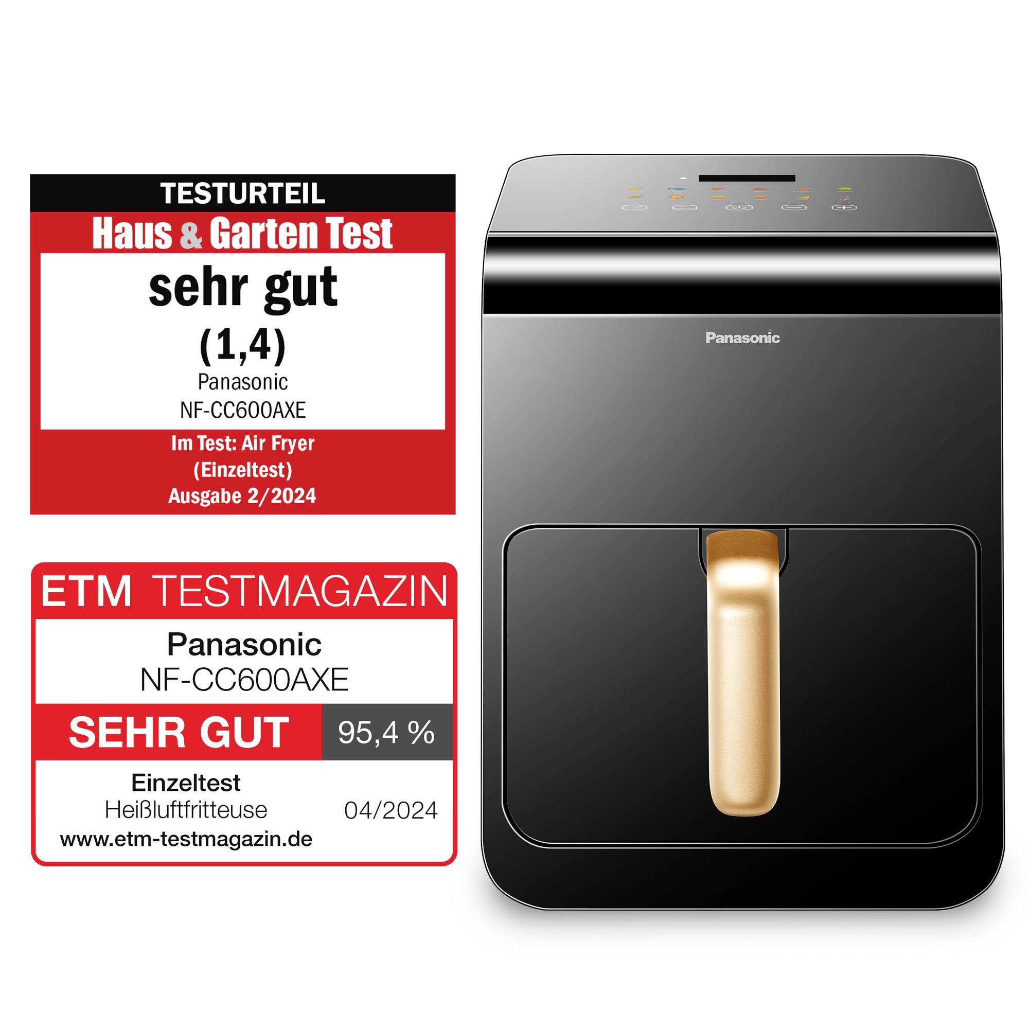 Luftfritteuse von Panasonic, Modell NF-CC600AXE, mit zwei Testsiegeln: 'Sehr gut' von Haus & Garten Test und ETM Testmagazin.