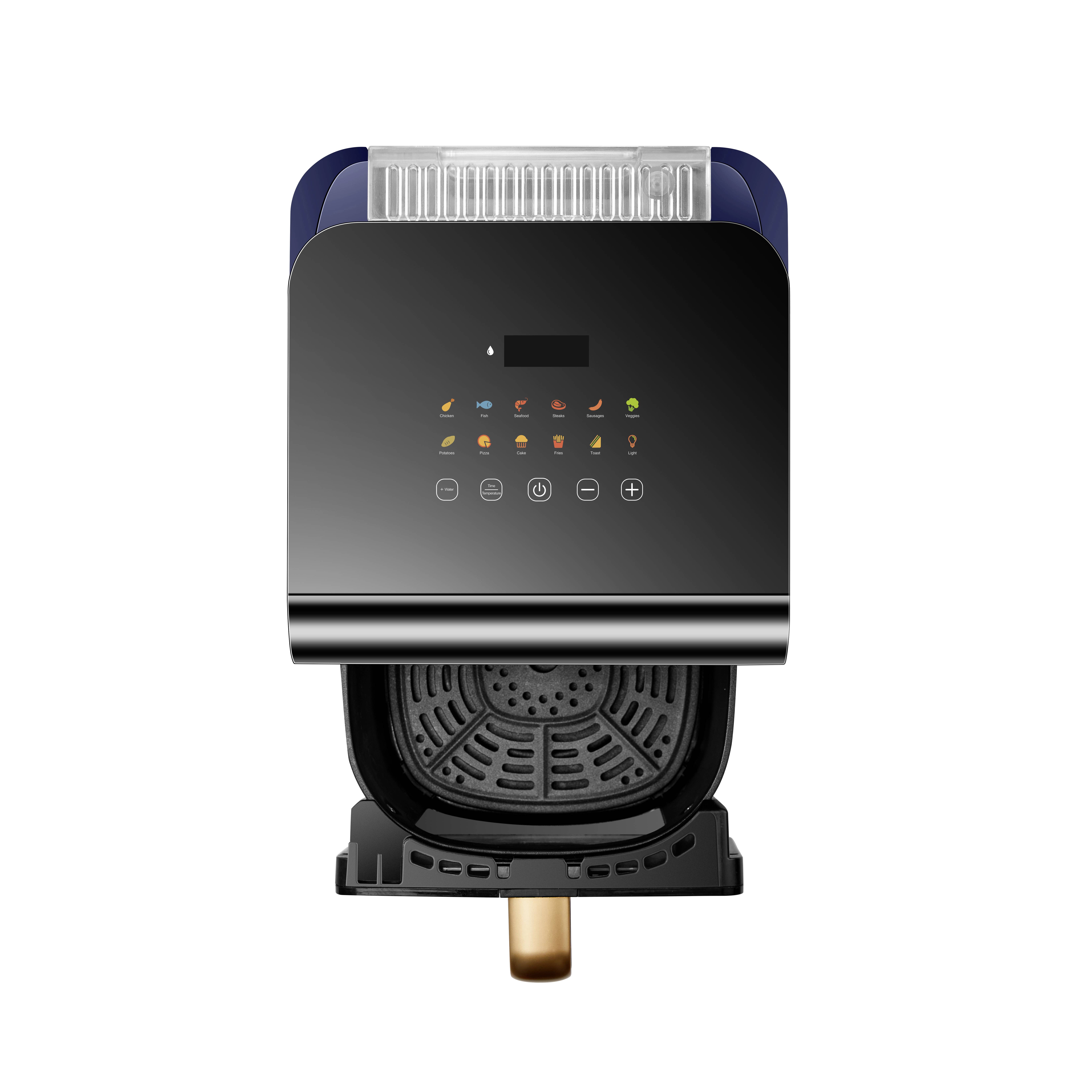 Schwarz-goldene Heißluftfritteuse mit digitalem Touchdisplay und mehreren einstellbaren Programmen, darunter Frittier- und Backfunktionen.