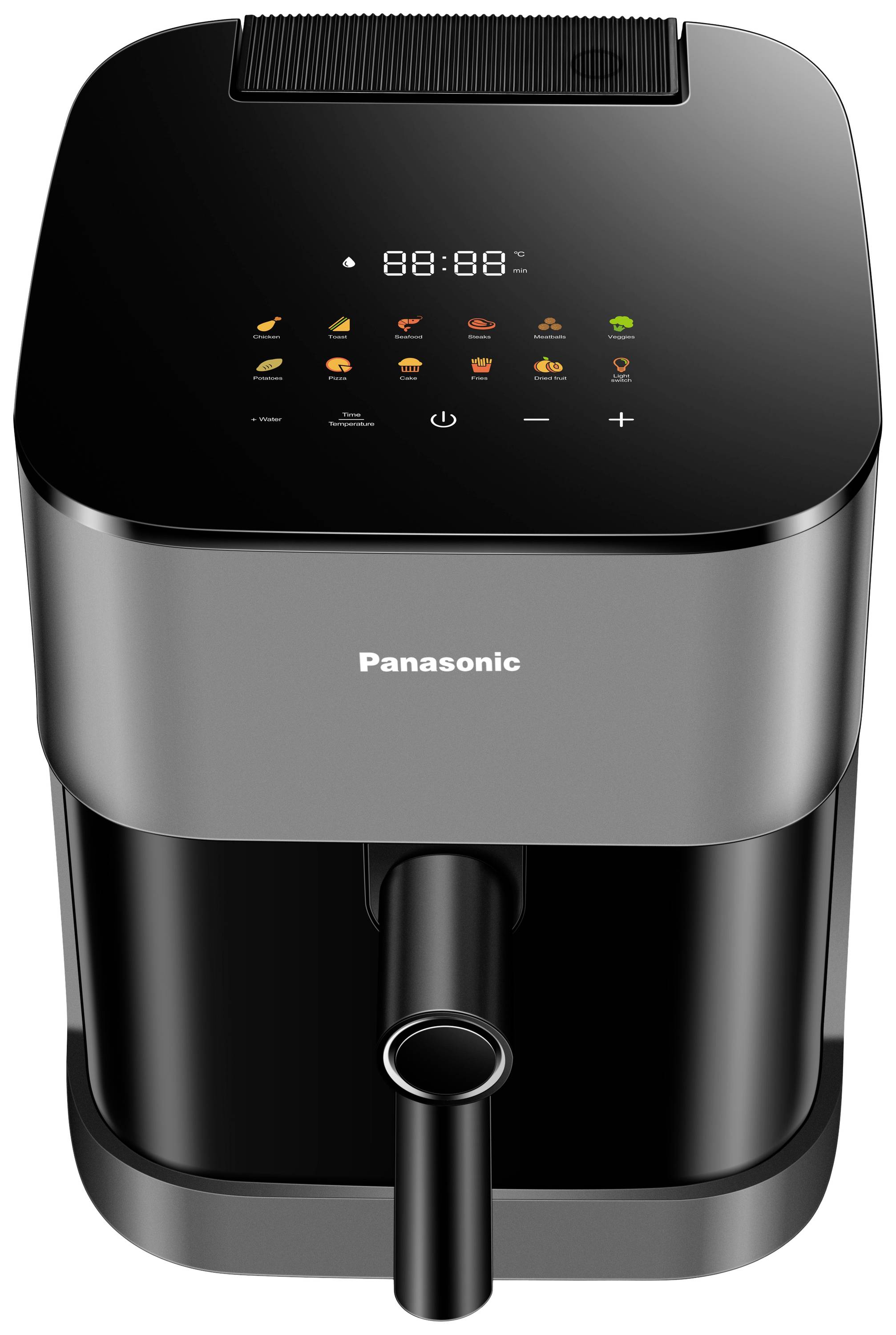 Ein schwarzer Panasonic Airfryer mit digitalem Display und mehreren Symbolen für verschiedene Kochfunktionen auf der Oberseite.