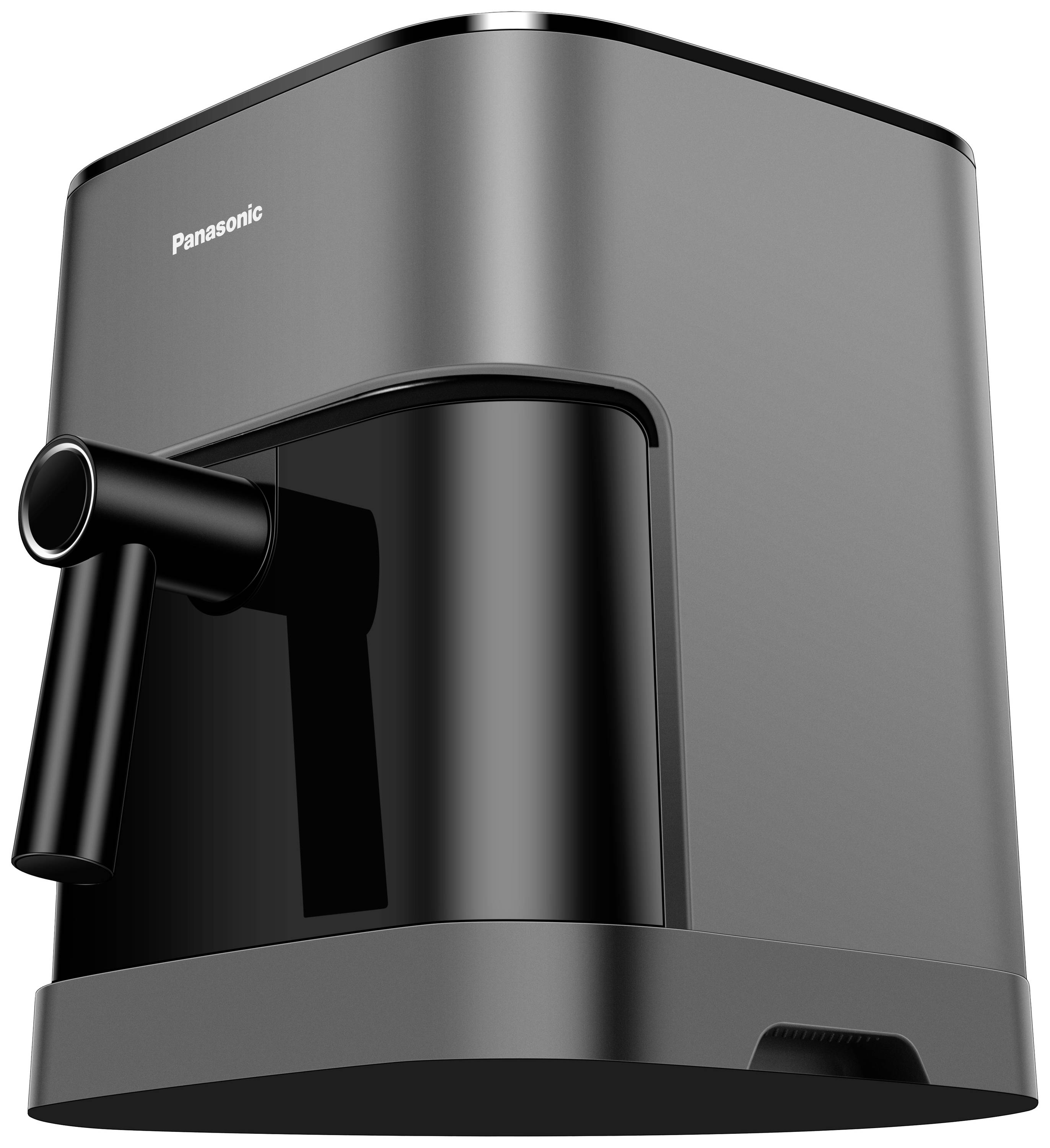 Kompakte, graue Panasonic-Kaffeemaschine mit glänzendem Ausguss und modernem Design.