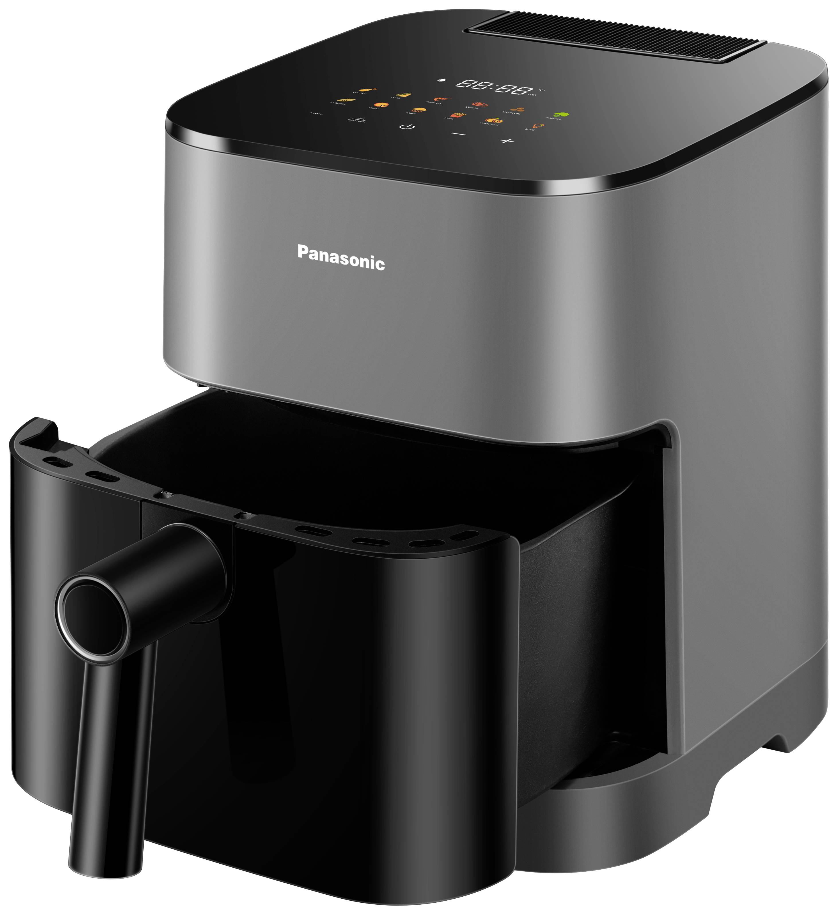 Eine schwarze Heißluftfritteuse von Panasonic mit abnehmbarem Korb und digitalem Bedienfeld oben.