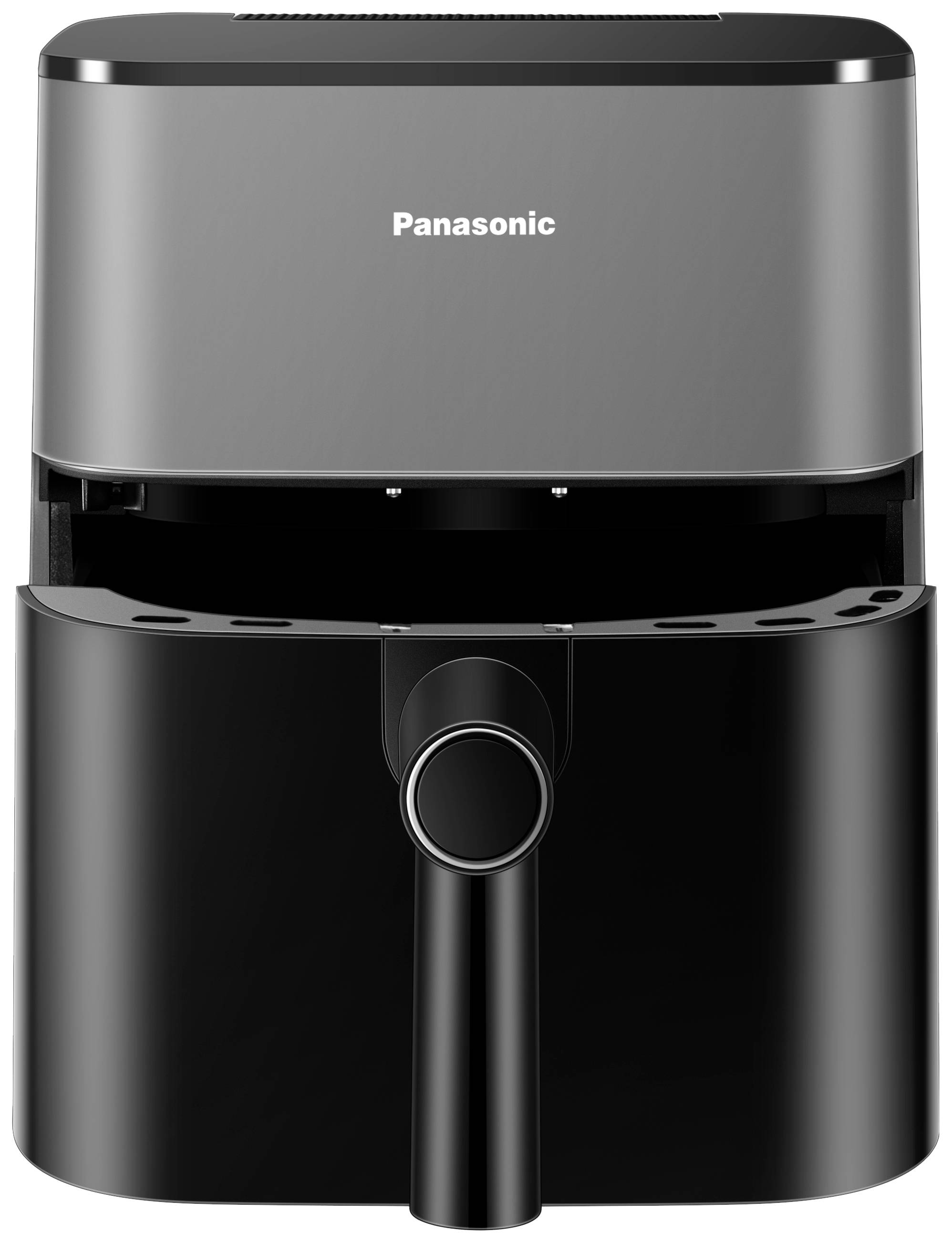 Schwarze Panasonic Heißluftfritteuse mit herausnehmbarem Korb, geeignet zum fettarmen Frittieren und Backen von Lebensmitteln.