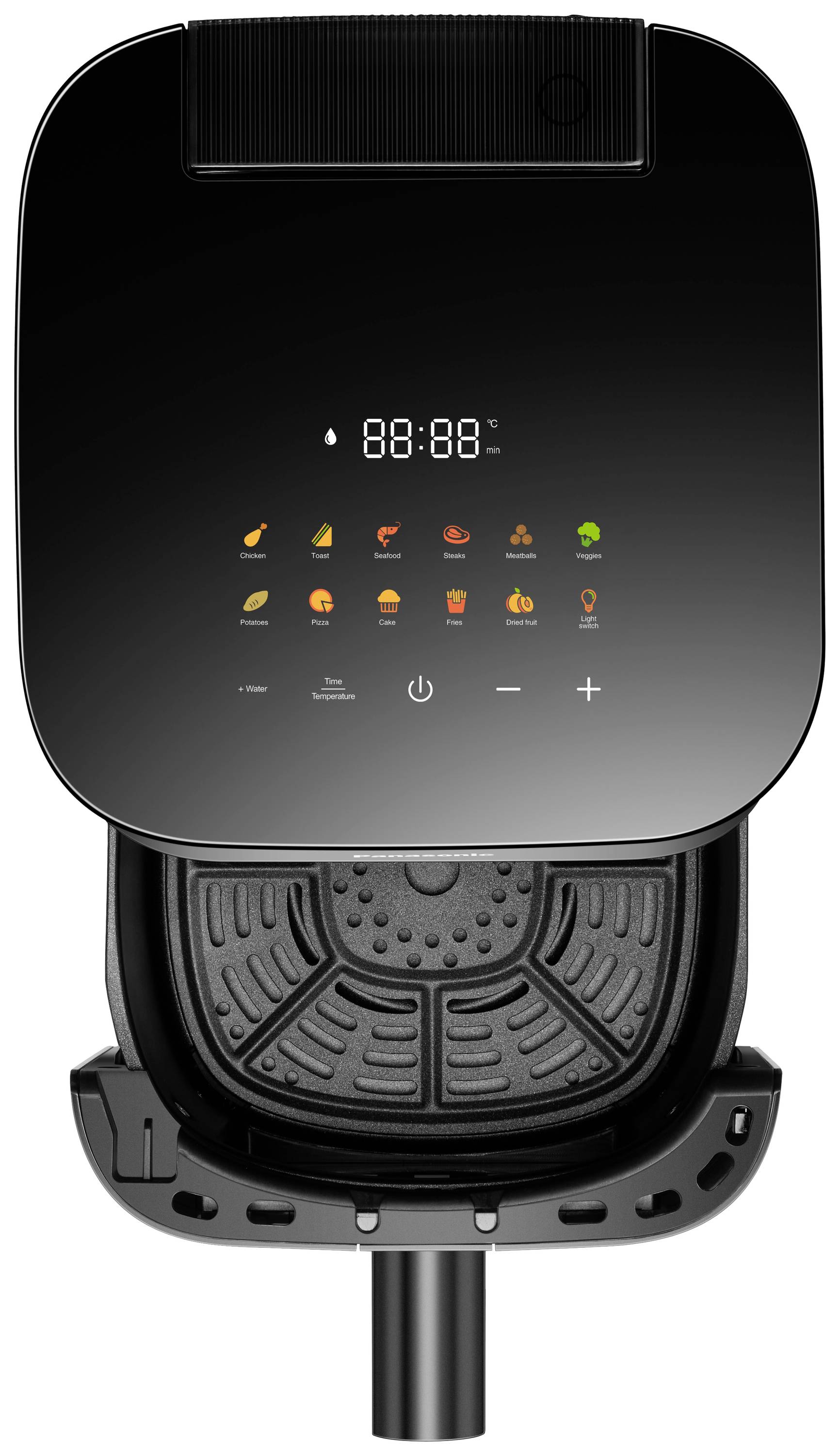 Schwarze Heißluftfritteuse mit digitalem Display, zeigt Symbole für verschiedene Kochmodi und eine Temperaturanzeige.