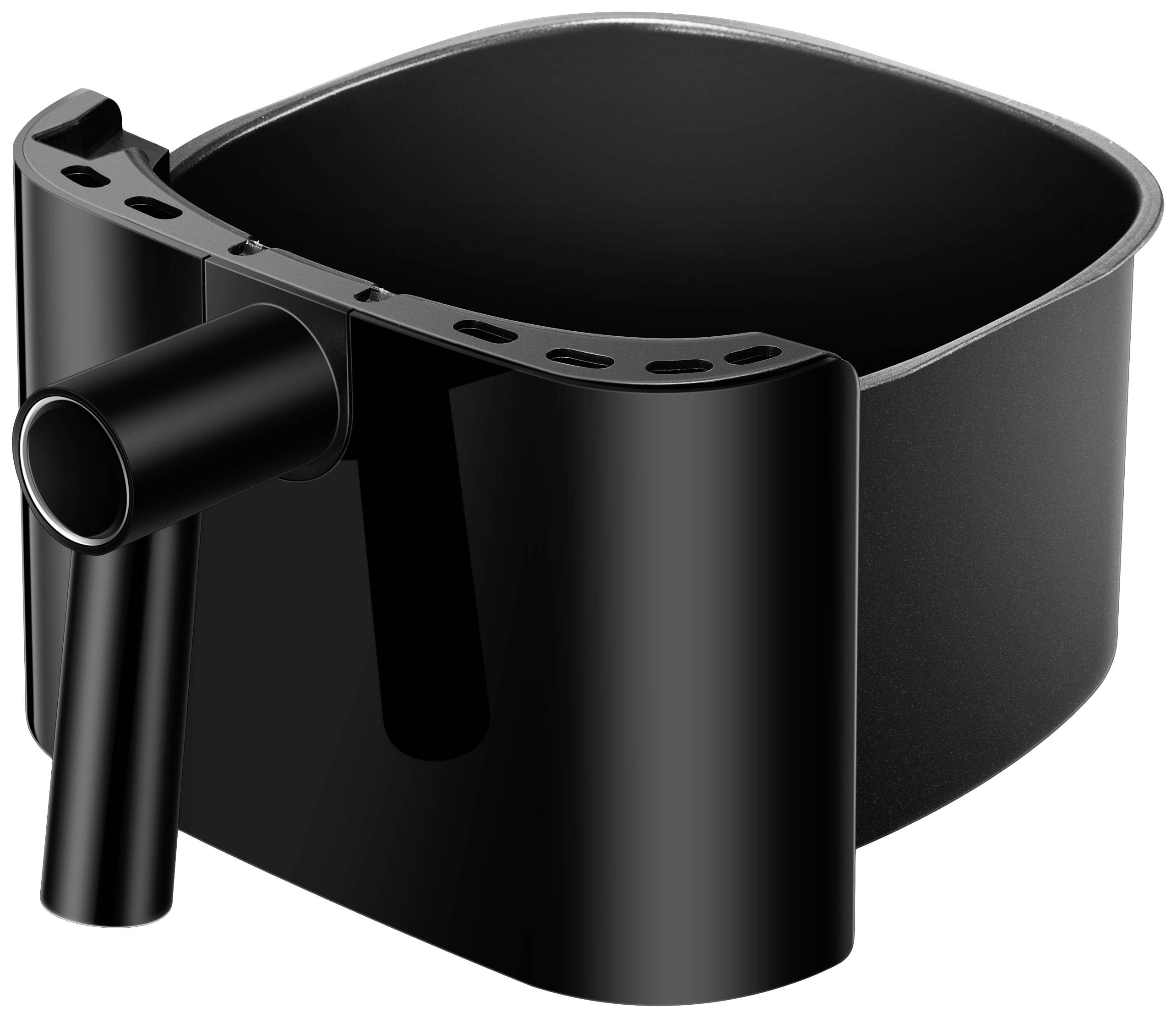 Schwarzer, quadratischer Fritteusenkorb mit abgerundeten Ecken und Griff. Geeignet für Heißluftfritteuse.