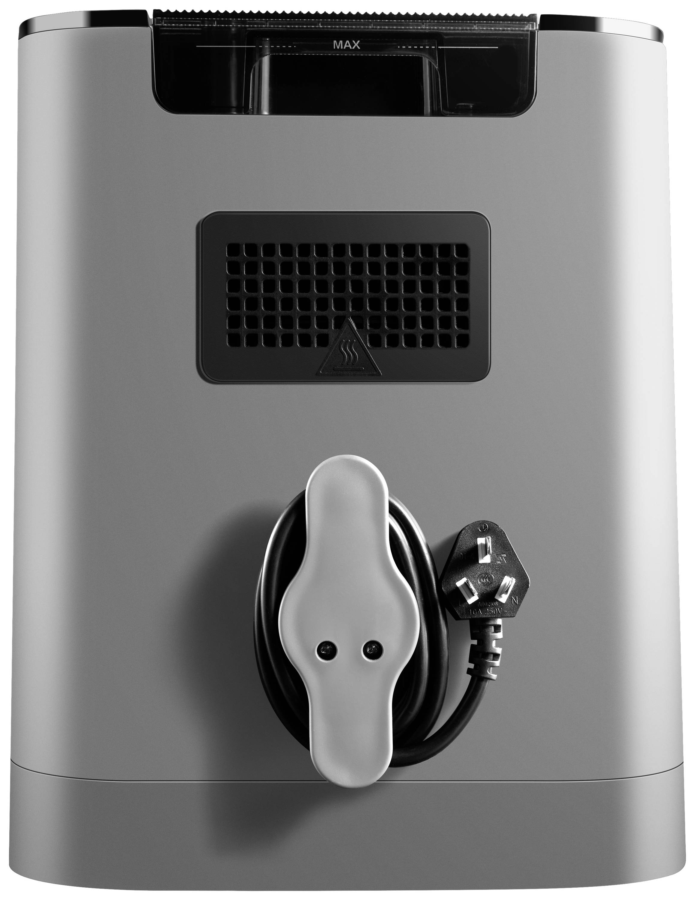 Eine silberne Kaffeemaschine von hinten, zeigt den Kabelhalter mit einem aufgewickelten schwarzen Kabel und einem Stecker.