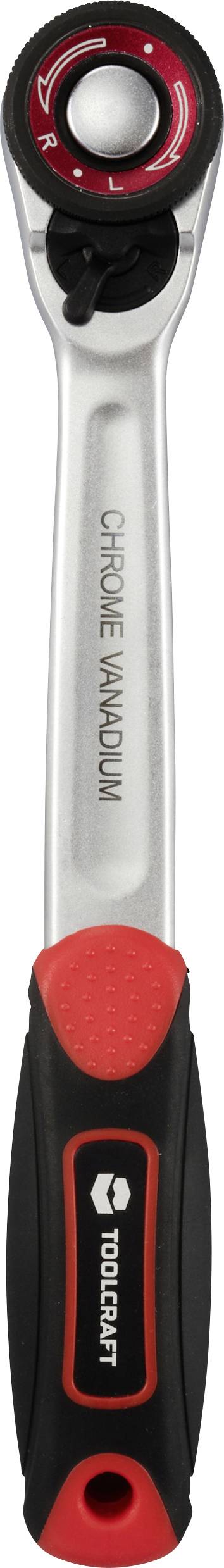 Silberner Schraubenschlüssel mit rotem und schwarzem Griff. Aufschrift 'CHROME VANADIUM'.