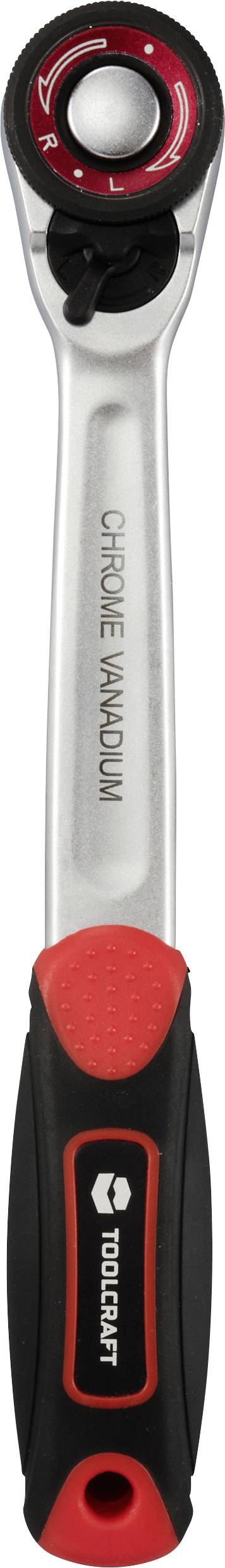 Ein silberner Ratschen-Schraubenschlüssel mit biegbarer Stelle und rotem, ergonomischem Griff. Aufschrift: 'Chrome Vanadium'.
