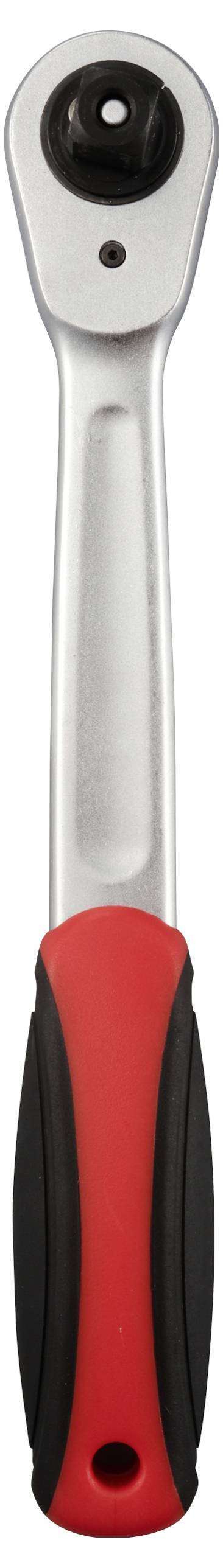 Ratsche mit rotem und schwarzem Griff, Werkzeug zur Befestigung oder Lockerung von Schraubverbindungen mit Stecknüssen.