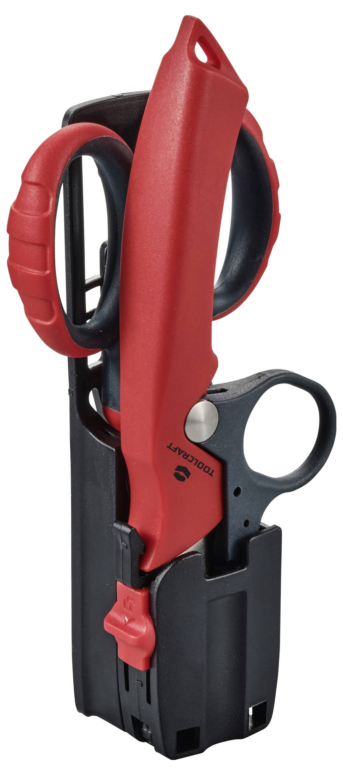 Rotes und schwarzes Multifunktionswerkzeug mit Schere, in schwarzer Halterung. Geeignet für Schnitt-, und Sicherheitsarbeiten.