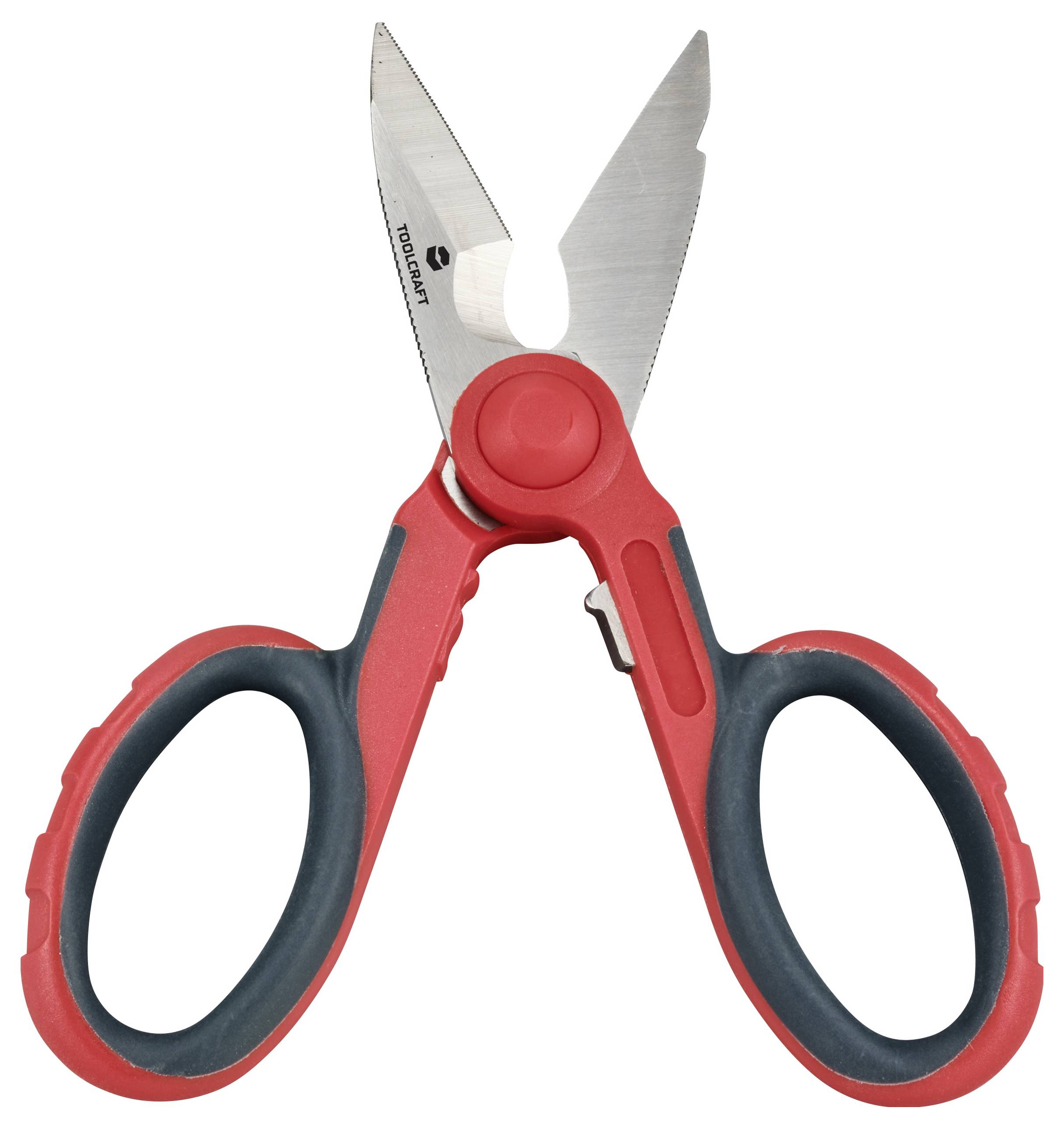 Eine rote und schwarze Küchenschere aus Edelstahl mit geraden Klingen und ergonomischen Griffen zum Schneiden von Lebensmitteln.