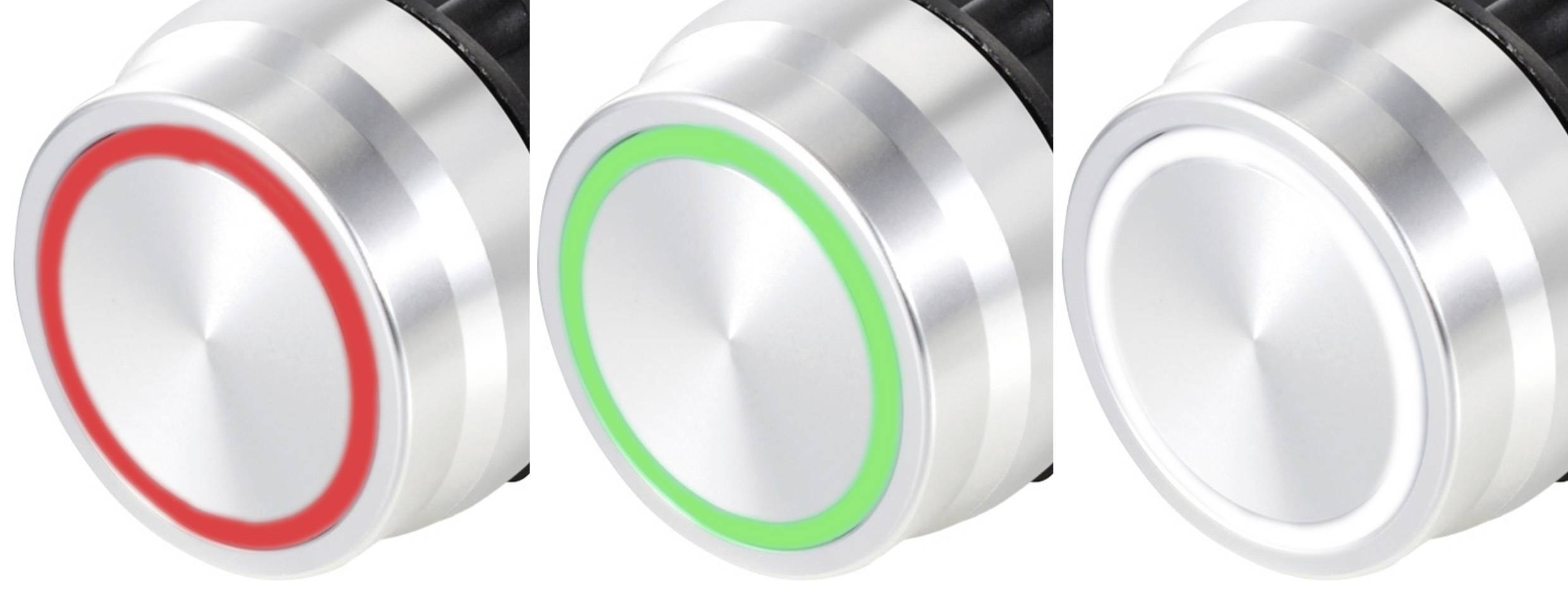 Drei silberne Drehknöpfe: links mit rotem Ring, Mitte mit grünem Ring, rechts ohne farbigen Ring.