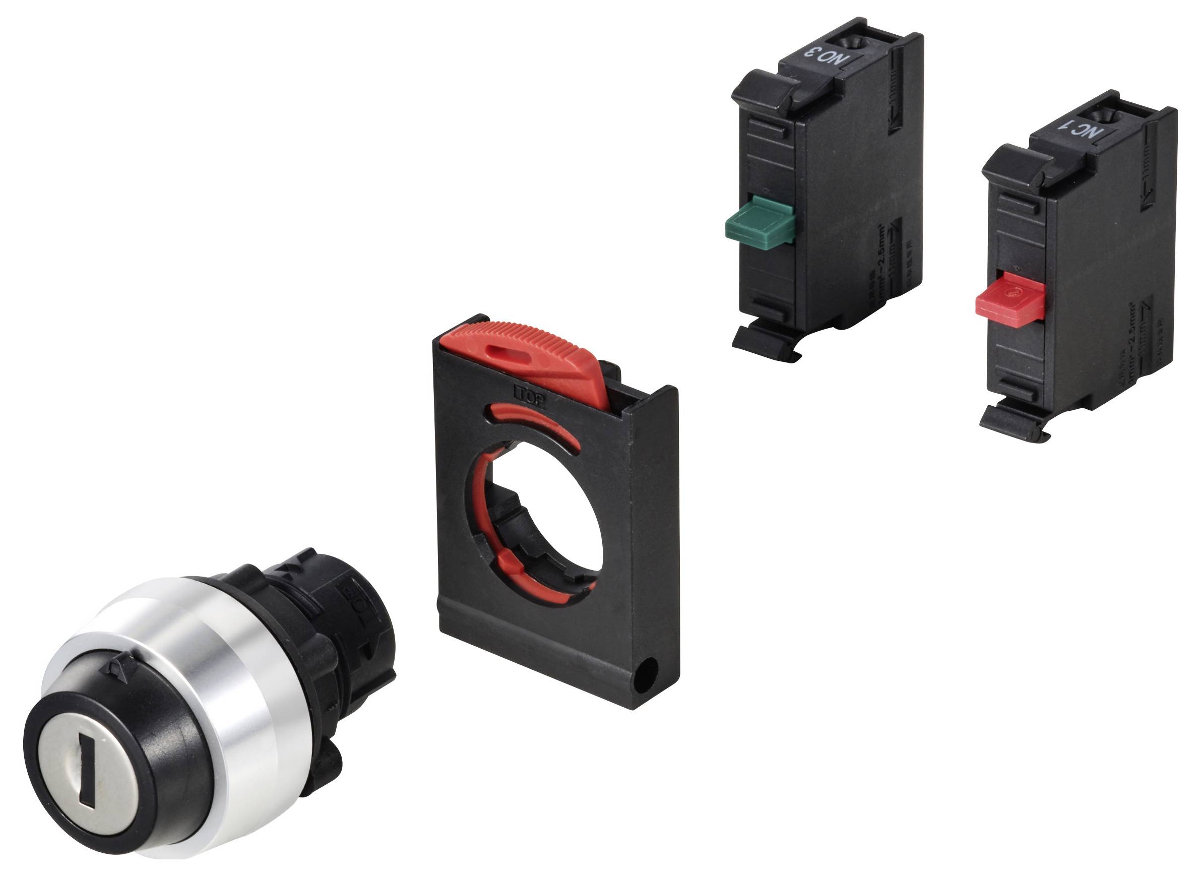 Drei Schalterteile: ein silbernes Schloss mit schwarzem Gehäuse, ein roter Betätiger und zwei Schaltblöcke, jeweils mit roten und grünen Knöpfen.