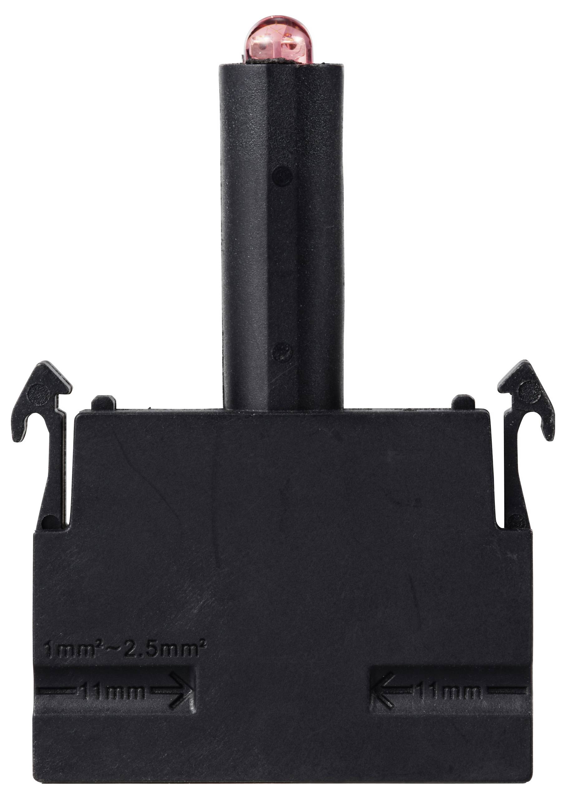 Ein schwarzer, rechteckiger Adapter mit zwei Haken und einer roten LED-Leuchte oben. Text auf dem Adapter gibt Kabelgrößen an.