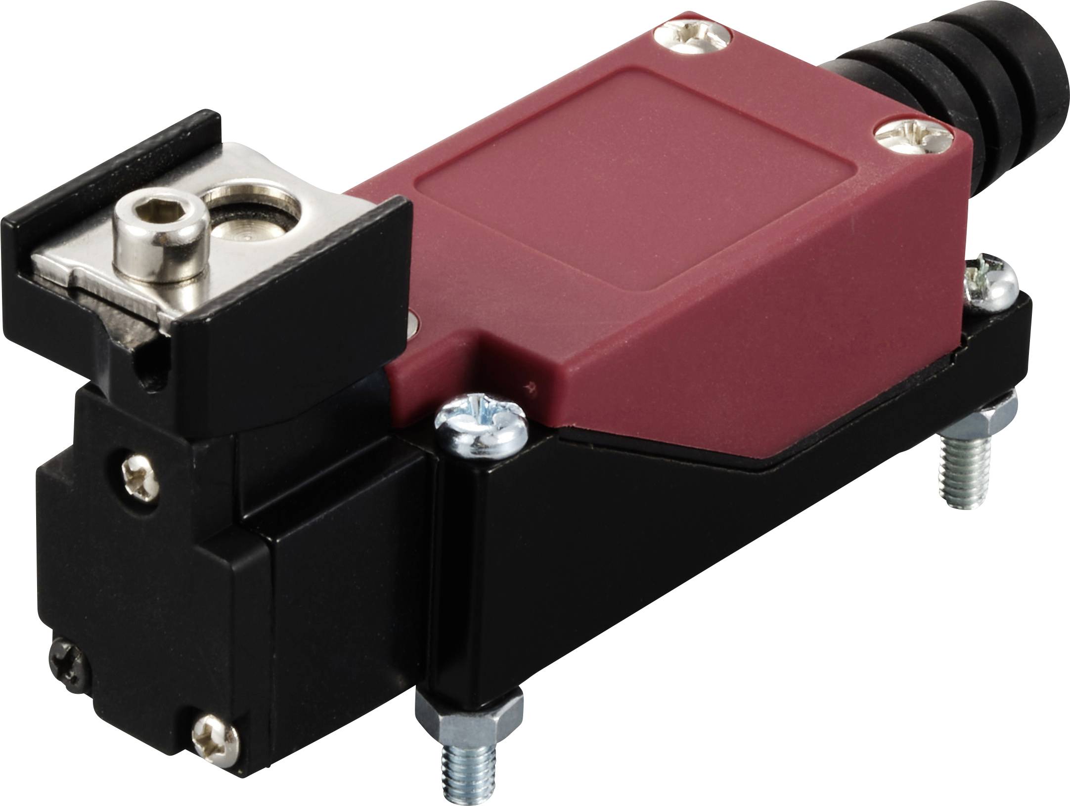 Industrieschalter mit rotem Gehäuse und schwarzem Sockel, montiert mit Schrauben. Verwendet für mechanische Steuerungssysteme.