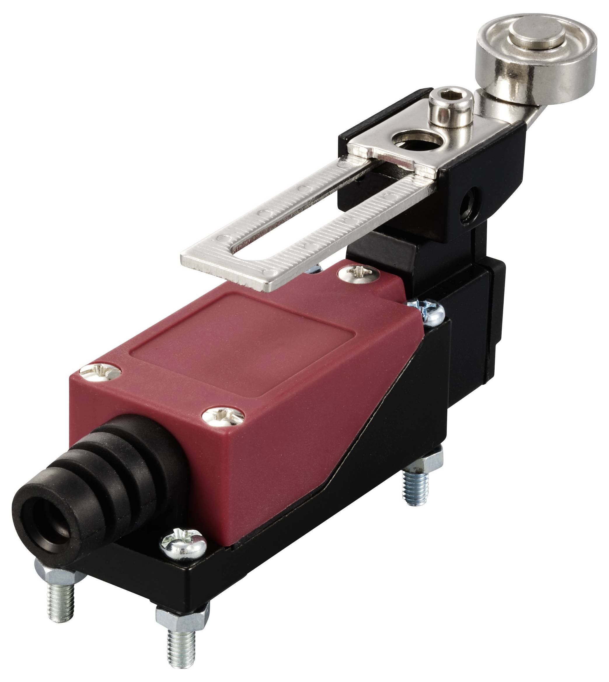 Ein roter, rechteckiger Mikroschalter mit Hebelmechanismus. Der Hebel hat ein rundes Metallende und ist an einem schwarzen Gehäuse montiert.