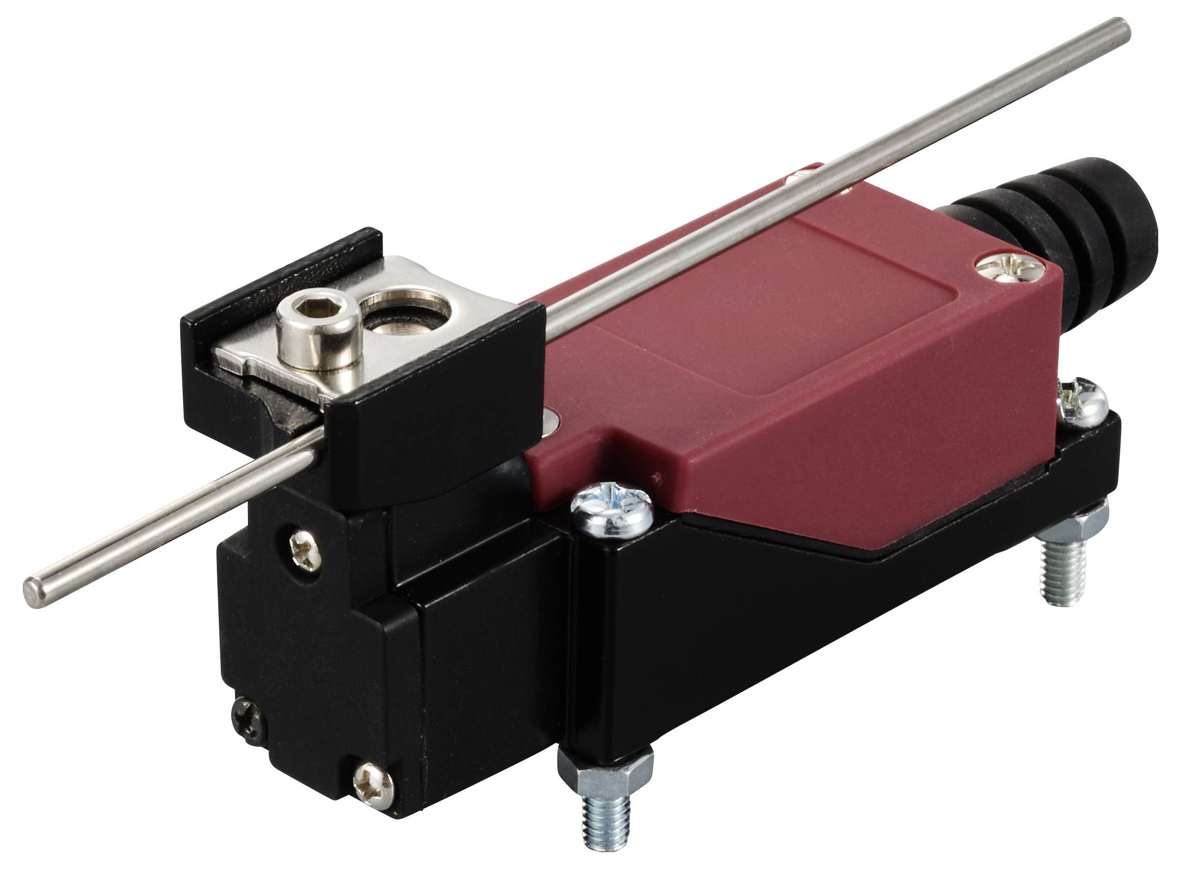 Roter Mikroschalter mit Hebelarm, montiert auf schwarzem Gehäuse, zeigt mechanische Komponente für Steuerungsanwendungen.