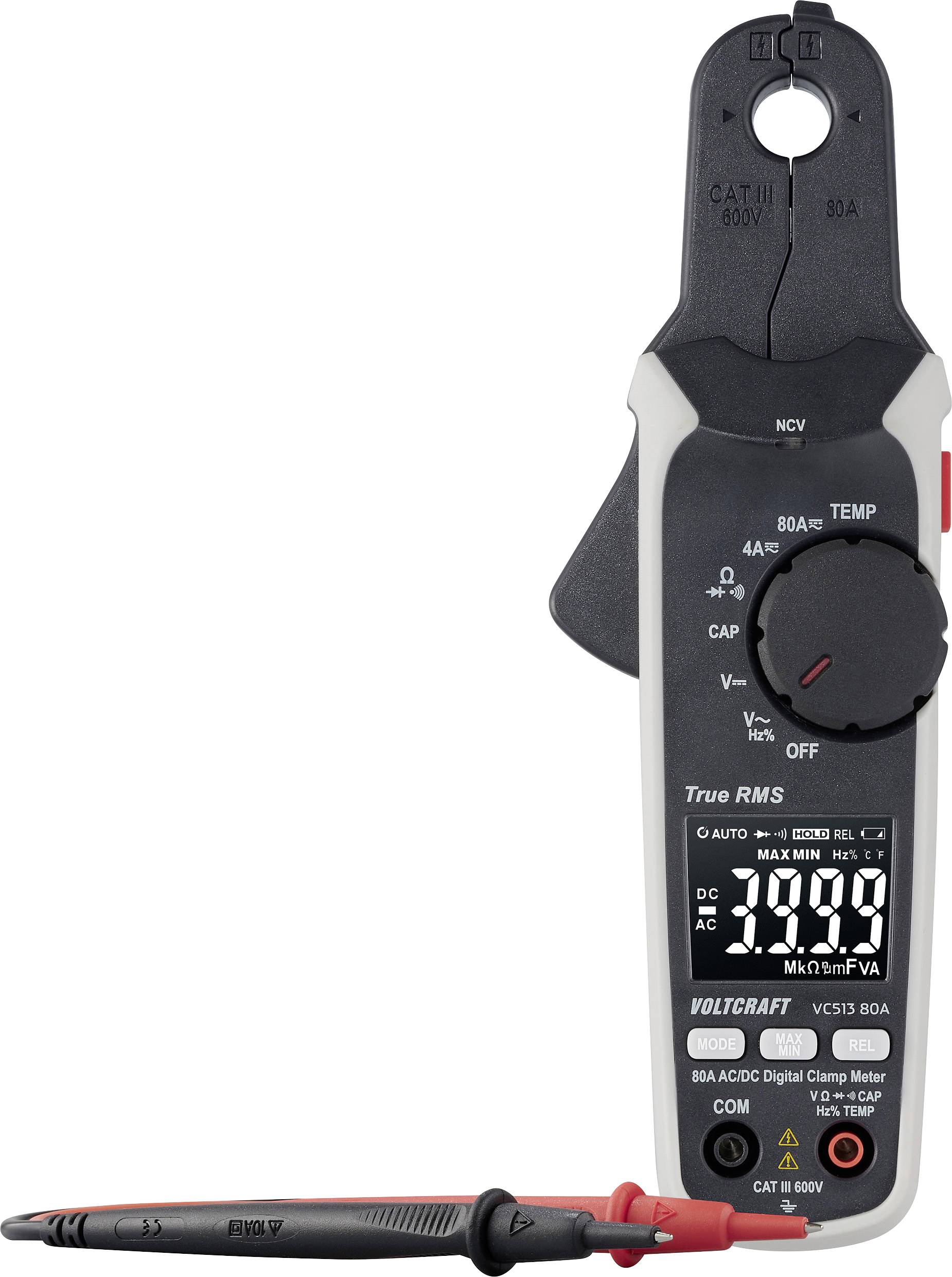 Ein digitales Zangenamperemeter mit der Bezeichnung 'Voltcraft VC335 80A', dessen Display '19,99 mA' anzeigt und das mit Hebeln und Messspitzen zur Strommessung ausgestattet ist.