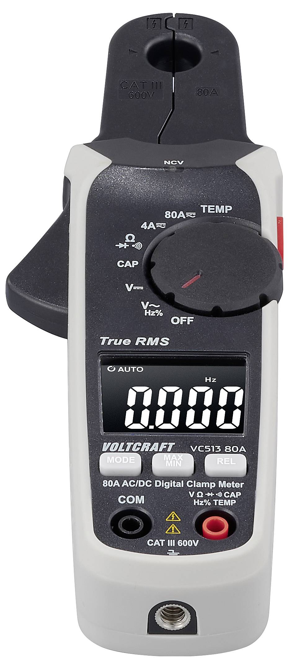 Ein digitales Stromzangenmessgerät mit einem Display, das '0,00 Hz' anzeigt. Es verfügt über Tasten für verschiedene Funktionen wie Temperatur und Spannung sowie einen Drehwahlschalter zur Modusauswahl.