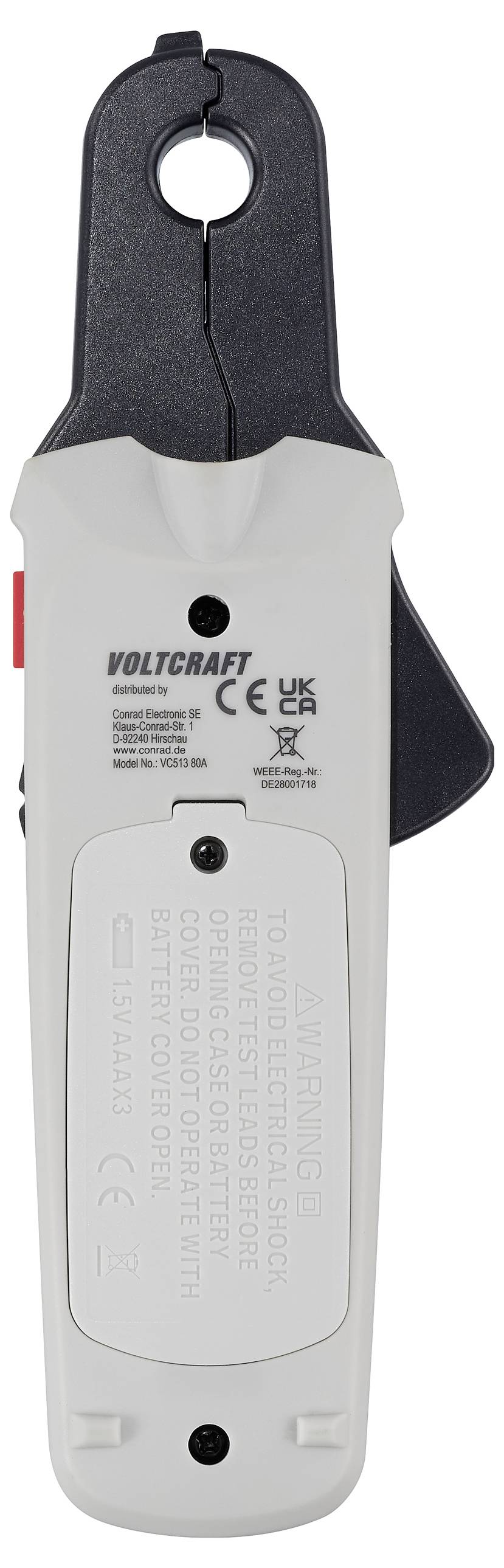 Ein tragbares Zangenmessgerät mit schwarzen Backen und weißem Gehäuse, versehen mit Sicherheitswarnungen und Zertifizierungssymbolen auf seiner Oberfläche.