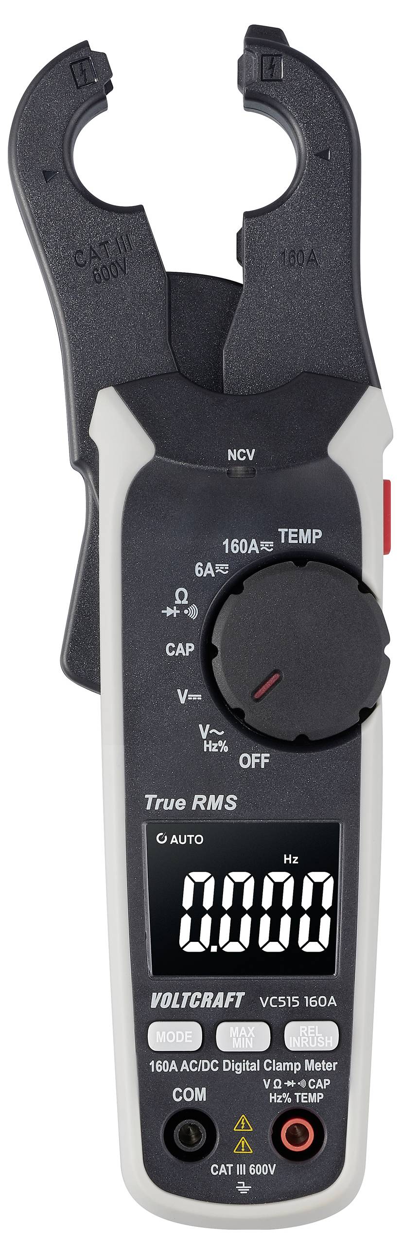 Digitales Zangenmultimeter mit Display zeigt '0.000 Hz'. Funktionen: Strommessung, Spannung, True RMS. Geeignet für Wechsel- und Gleichstrom.