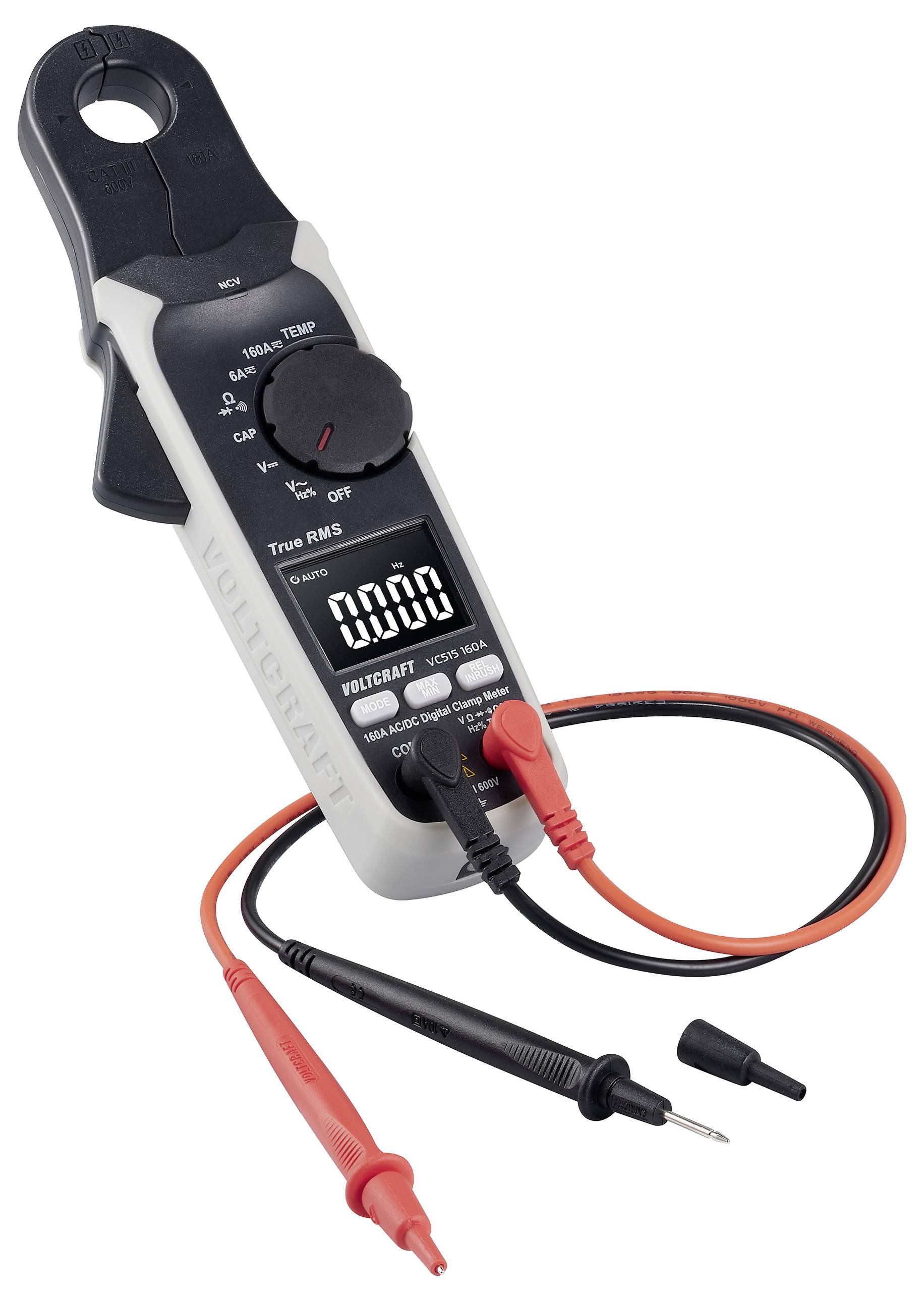 Digitales Handmultimeter mit Zangenfunktion, schwarzem Ziffernblatt und rotem sowie schwarzem Messkabel.