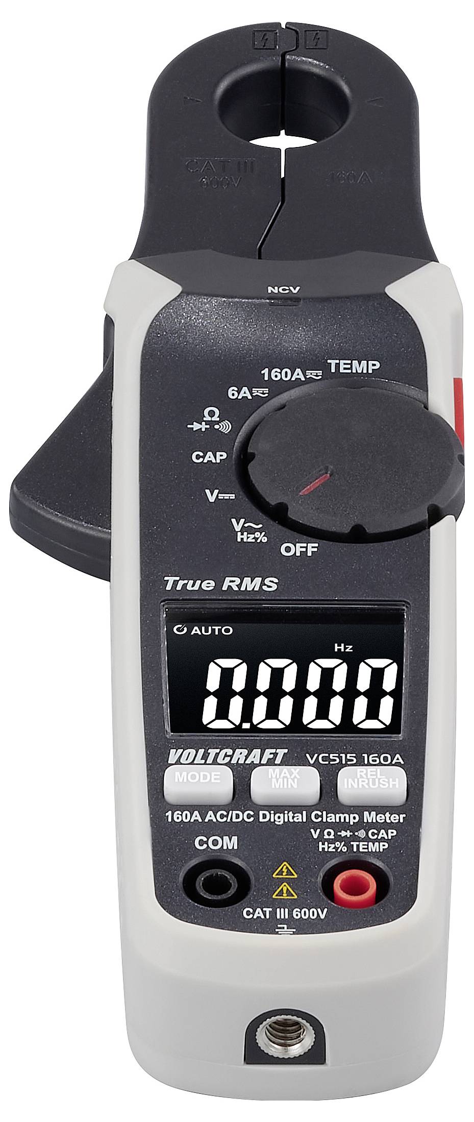 Ein digitales Strommessgerät mit Display zeigt '0.00'. Es ist ein Zangenamperemeter für Stromstärken bis 160A, geeignet für AC/DC-Messungen.