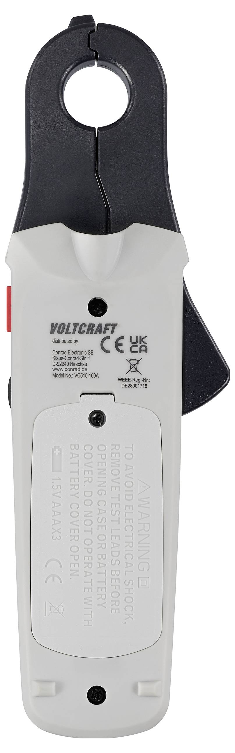 Ein tragbares digitales Zangenamperemeter von Voltcraft, ausgestattet mit einem Drehrad und Zangenklammern zur Messung elektrischer Ströme, mit sichtbaren Sicherheitswarnhinweisen.
