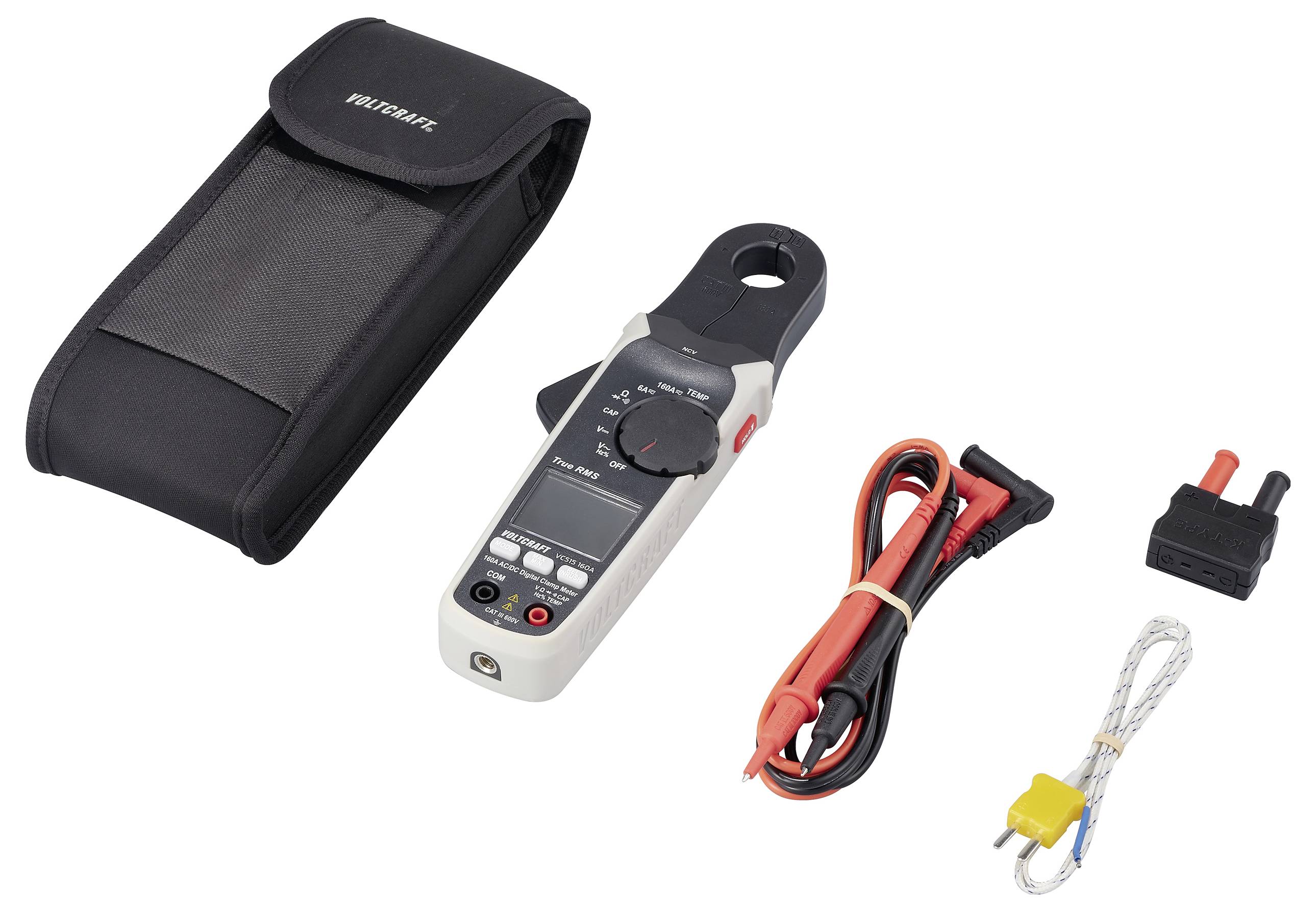 Digitales Zangenmessgerät mit Tasche, Messkabeln und Zubehör. Geeignet für elektrische Messungen wie Spannung und Stromstärke.