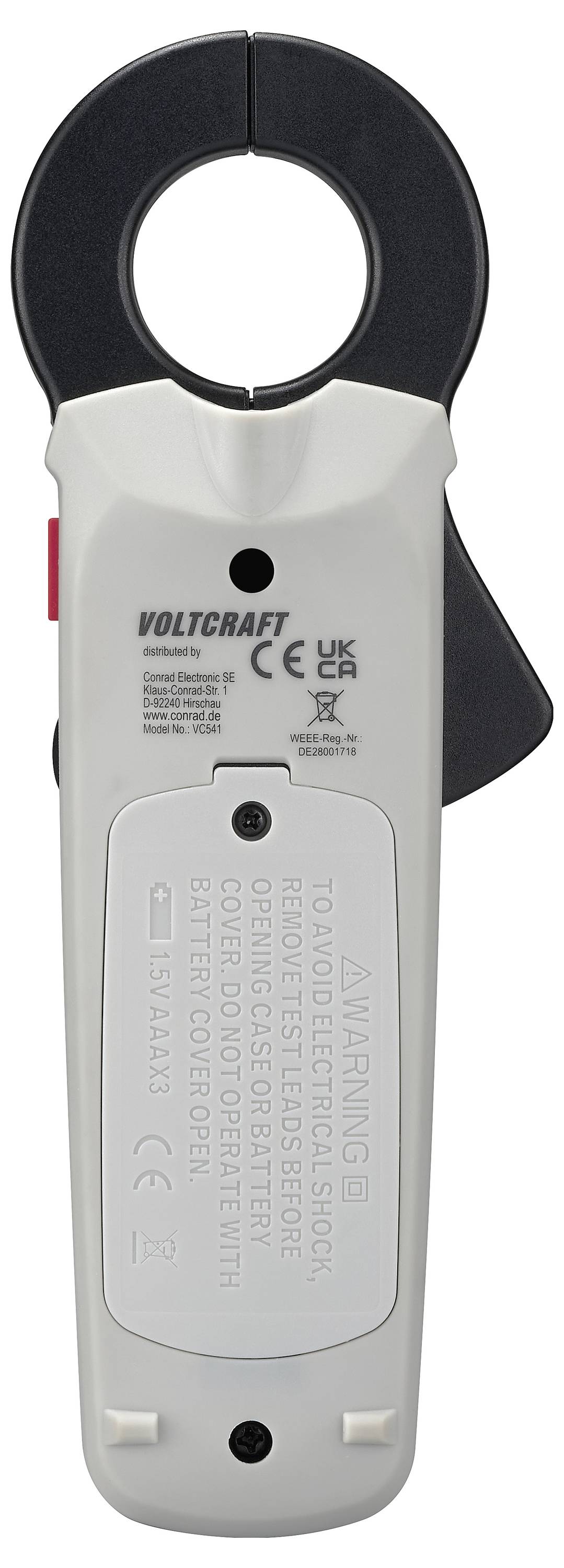 Voltmessgerät in grauer Farbe mit schwarzer Klemme. Auf der Rückseite befinden sich Warnhinweise und Zertifizierungslogos.