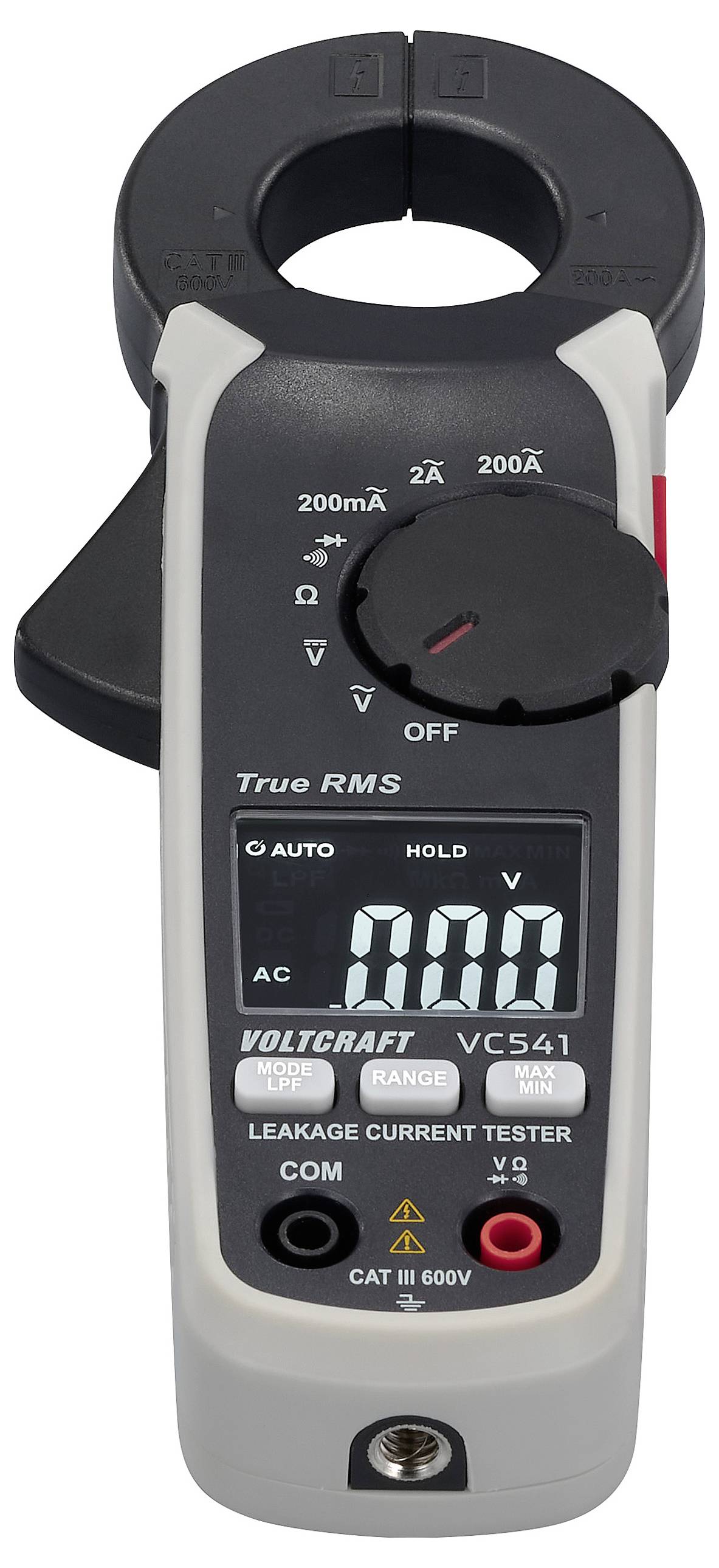 Digitales Zangenmessgerät mit LCD-Display zeigt '0.00' an. Drehschalter für Strommessung, Klauen zur Kabelvermessung oben.