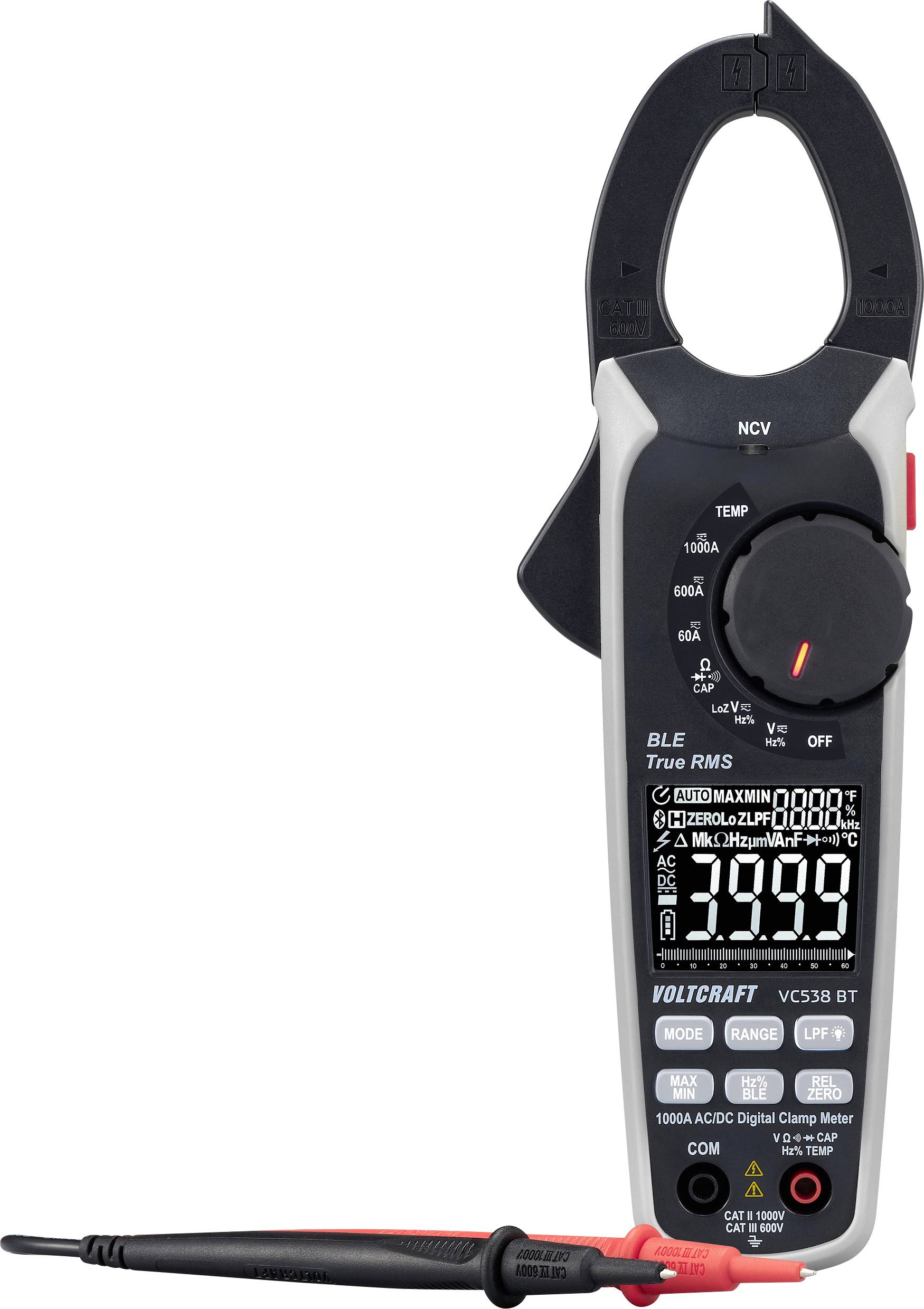 Digitales Zangenmultimeter mit Display, zeigt 200,0 an. Geeignet für Messungen von Spannung, Stromstärke und Widerstand.