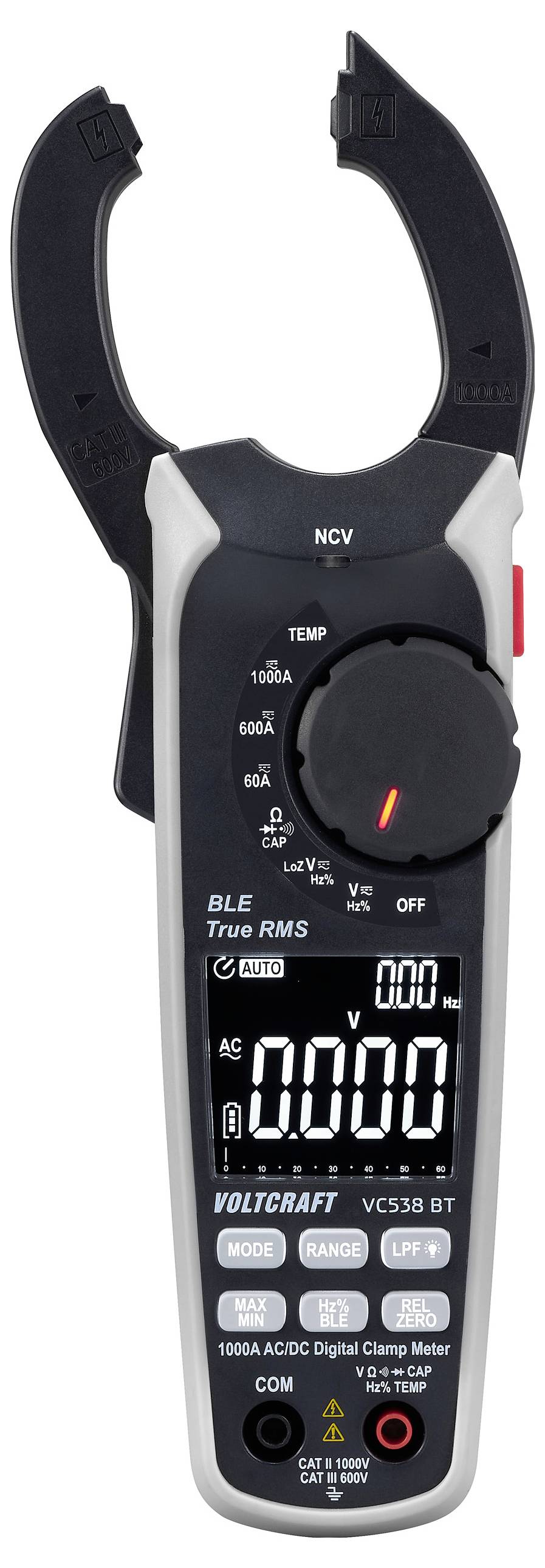 Stromzange mit digitalem Display. Zeigt Messwerte wie Spannung und Stromstärke an. Markenname erkennbar, zentrale Steuereinheit mittig.