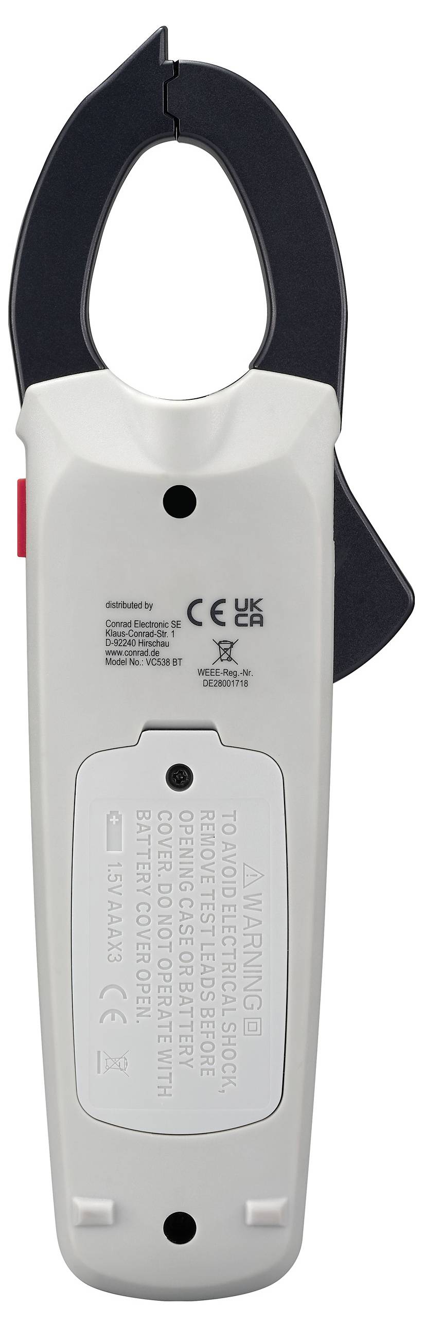 Ein weißer elektrischer Stromzangenadapter mit CE-Zeichen und Warnhinweisen auf der Rückseite.