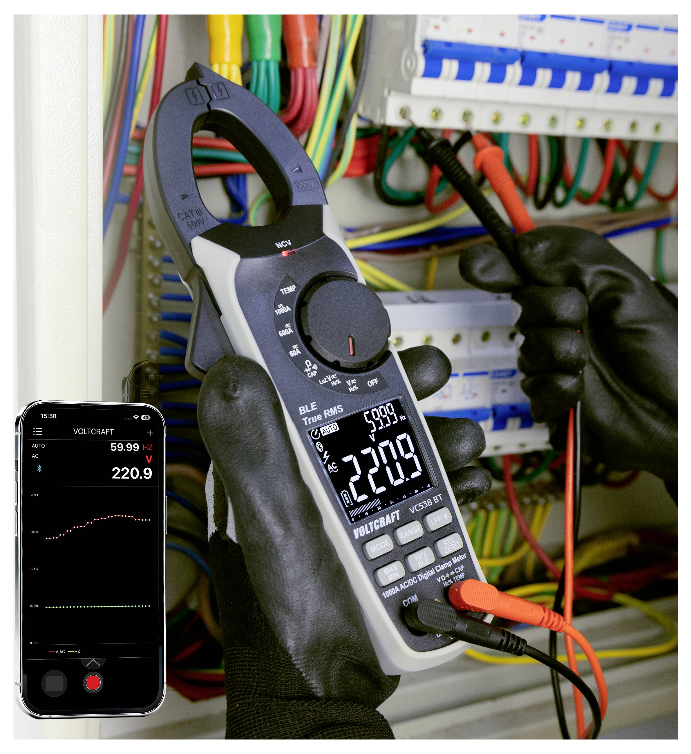 Handschuhgetragener Techniker verwendet ein Zangenmessgerät an elektrischen Leitungen in einem Schaltschrank; die Smartphone-App zeigt Spannungs- und Wellenformableitungen an.