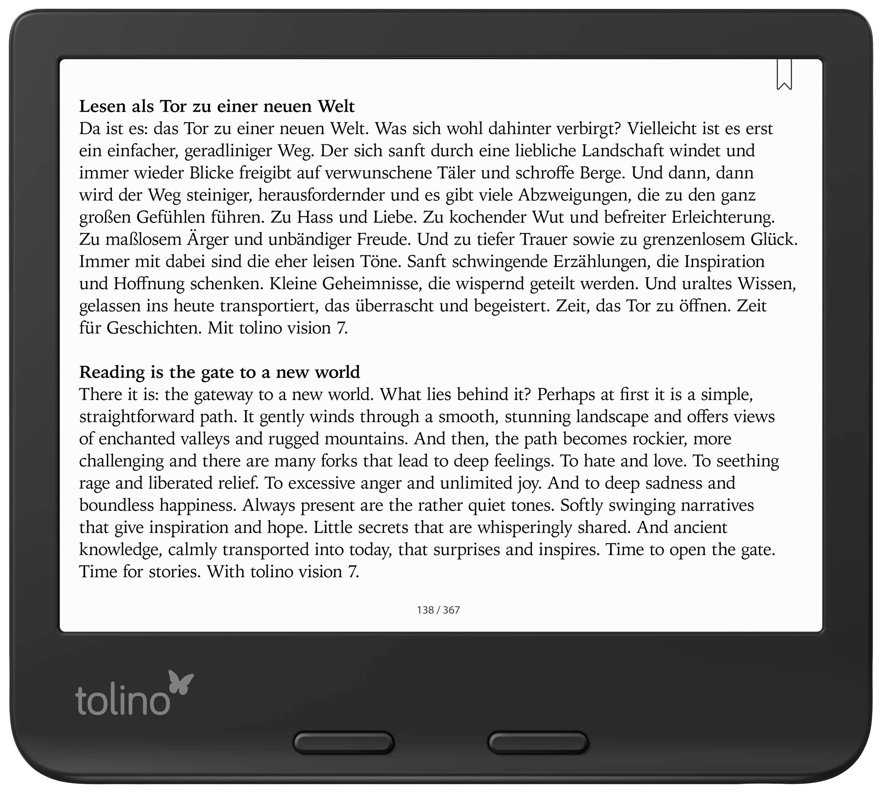 Ein E-Reader zeigt englischen und deutschen Text über die Bedeutung des Lesens als Zugang zu neuen Welten.