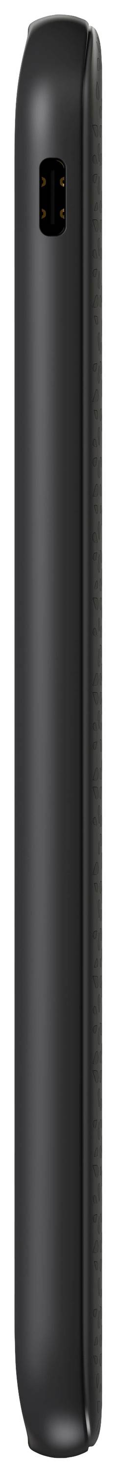 Ein schlankes, schwarzes Mobiltelefon von der Seite betrachtet, zeigt die grundlegende Form ohne sichtbare Marken- oder Tastendetails.