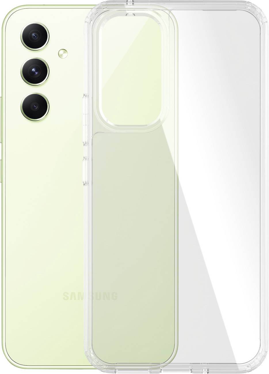 Ein Smartphone mit einer hellgrünen Rückseite und drei Kameraobjektiven wird neben einem transparenten Schutzgehäuse gezeigt.