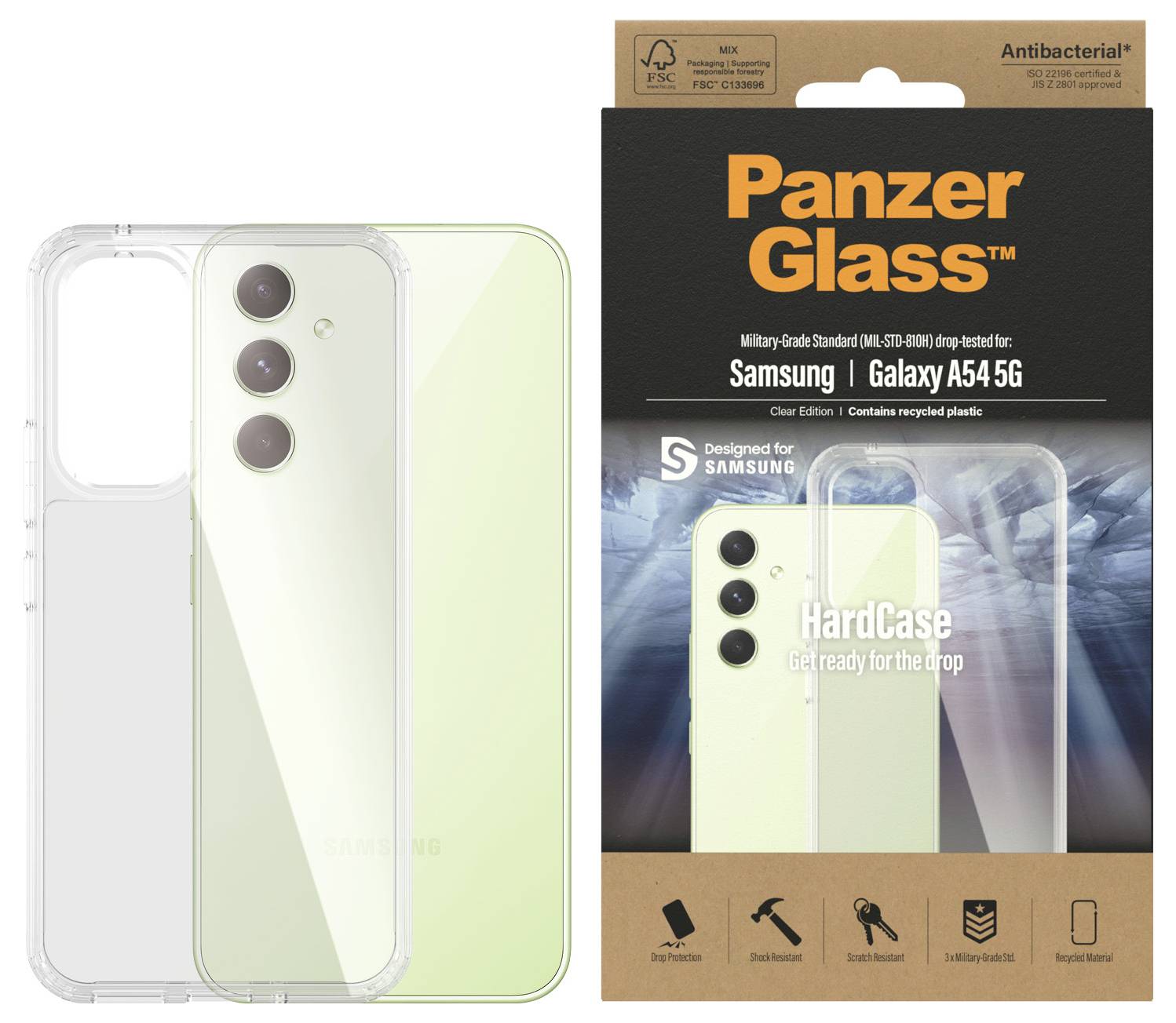 PanzerGlass HardCase für Samsung Galaxy A54 5G, verpackt mit dem transparenten Telefongehäuse, das vor einem weißen Hintergrund sichtbar ist.