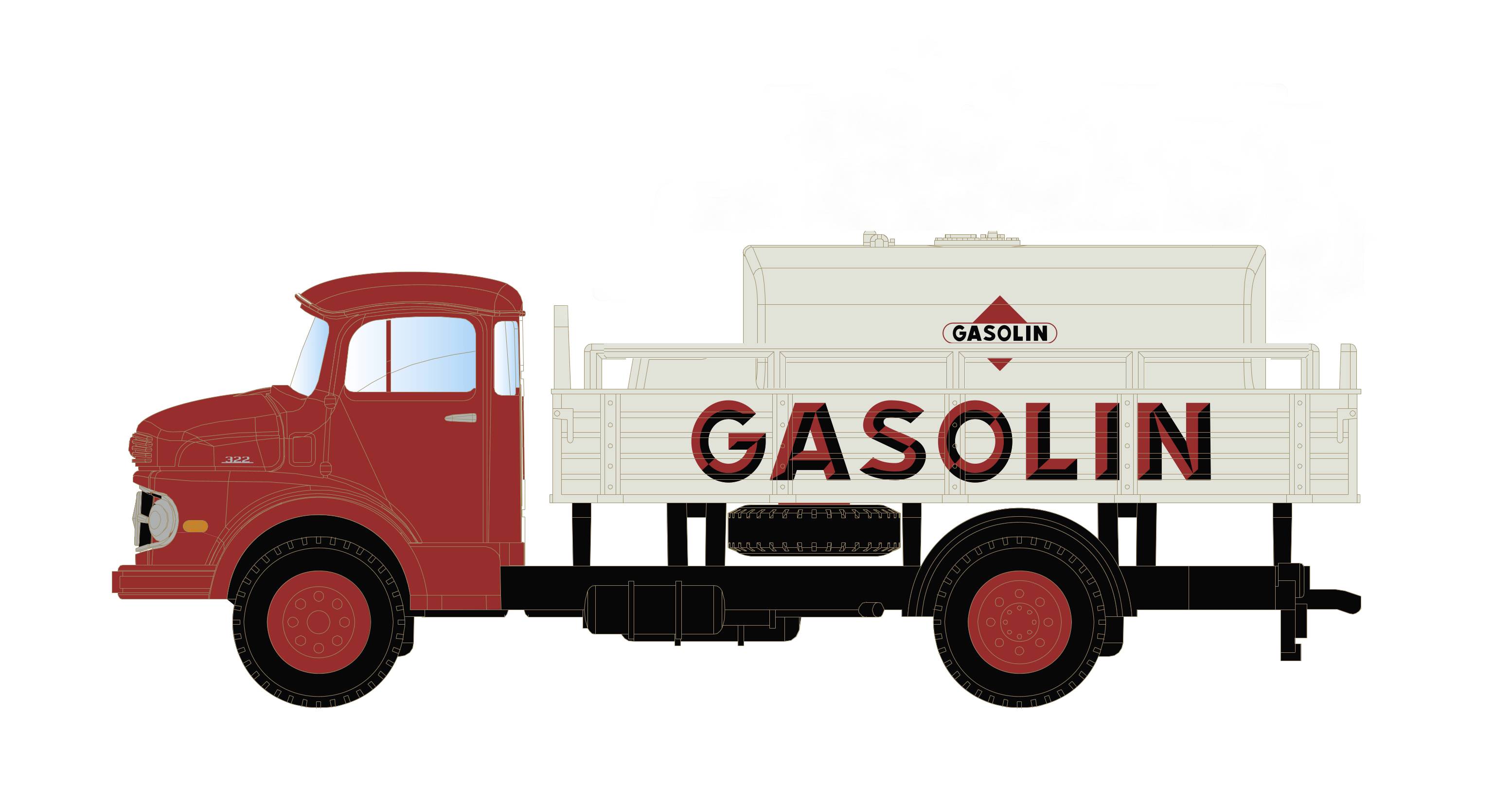 Rotes Tankfahrzeug mit der Aufschrift 'Gasolin' an der Seite des Tanks. Fahrzeug zeigt ein klassisches Design.