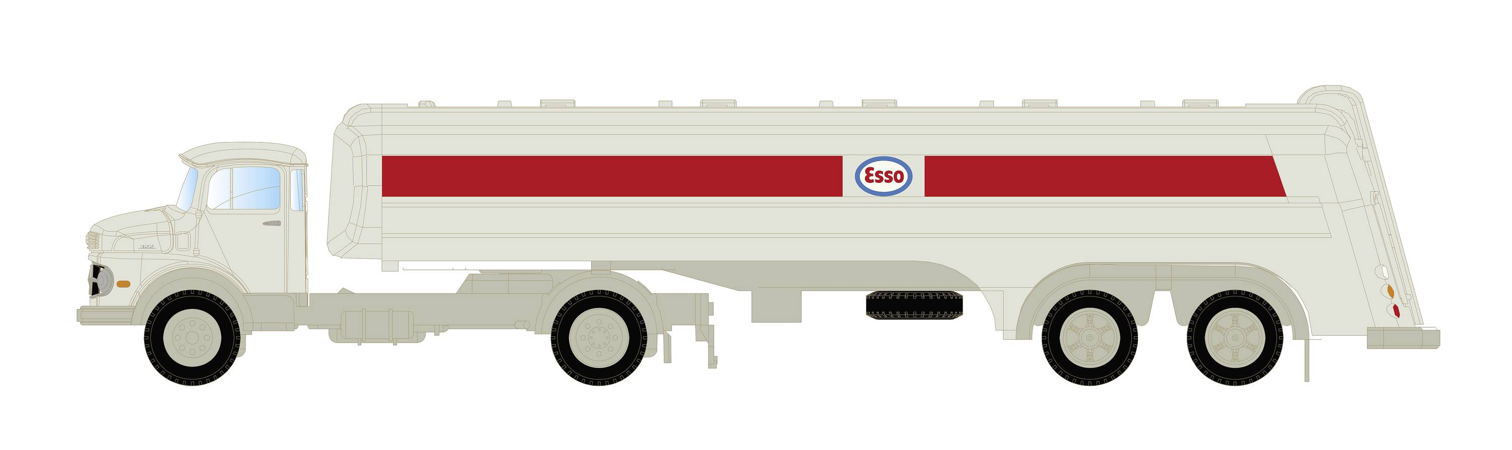 Großer Tanklastwagen mit Esso-Logo auf der Seite, in hellen Farben gehalten, geparkt auf weißem Hintergrund.